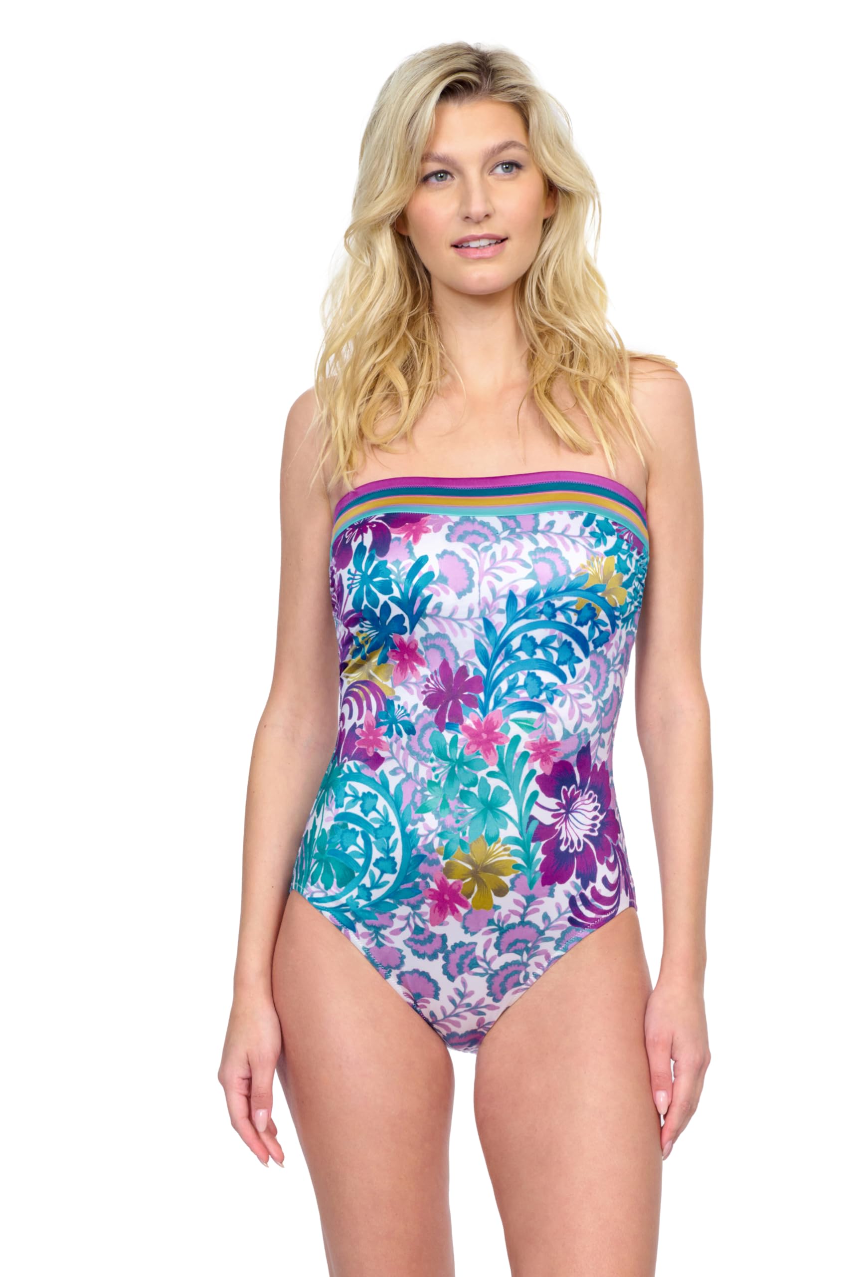 Gottex Women's Multicolor Floral Vibrant Multi Color Bandeau One-Piece Swimsuit, 14