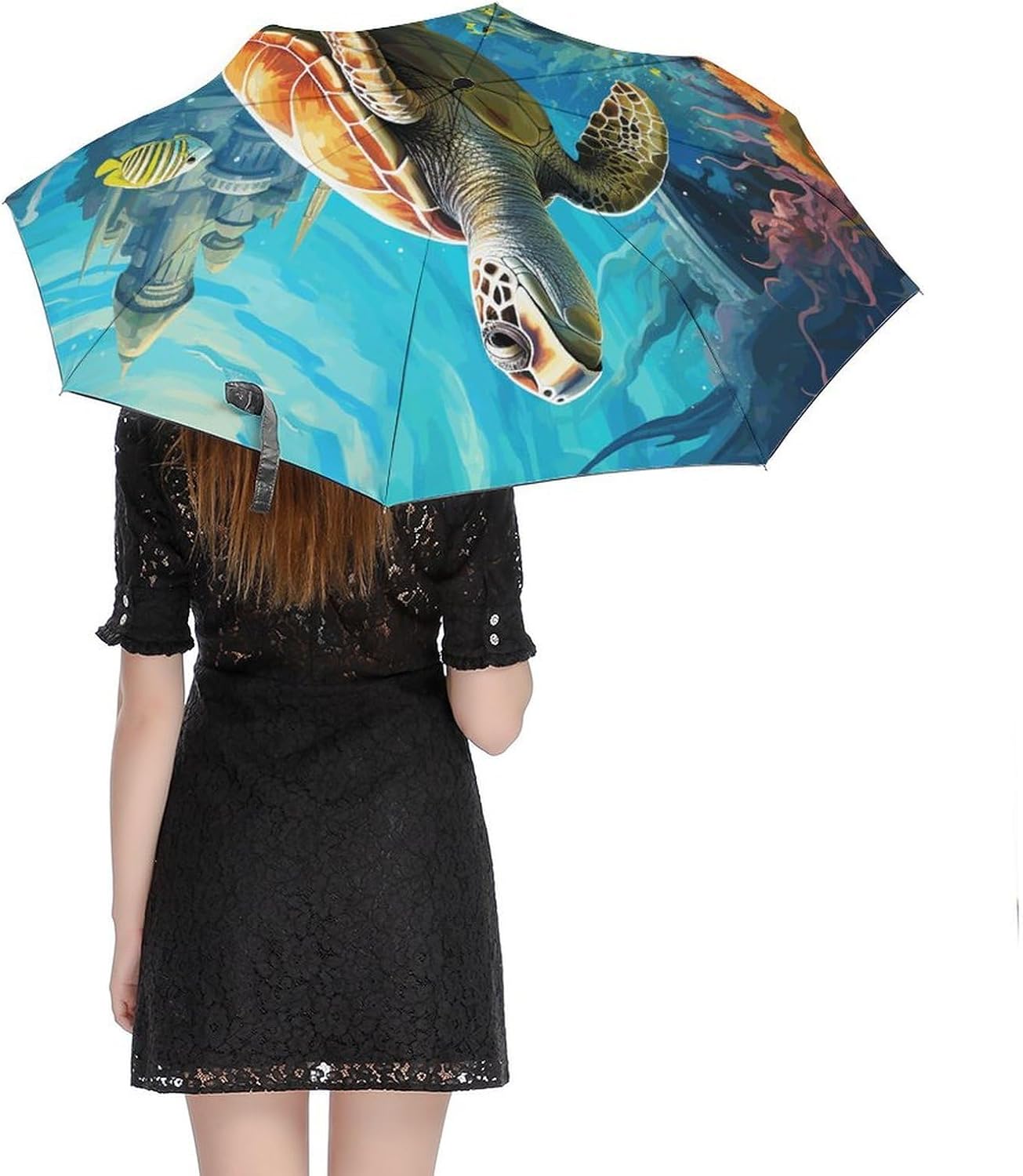Dolphins Sea Turtle Coral Reef Windproof Travel Umbrella, One-Click Automatic Open And Close, Portable Compact Folding Umbrella for Women Men, Fits Backpack & Car