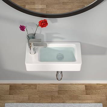 Wall Mount Hung Small Vessel Sink - Kichae 14 x7 Modern Bathroom Rectangle Above Counter White Porcelain Ceramic Vessel Vanity Sink with Faucet Hole
