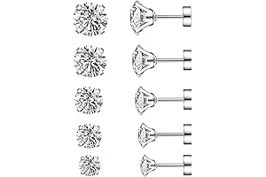 Supsiah 5 Pairs 20G Flatback Stud Earrings, Stainless Steel Zirconia Screw Backs for Women Men