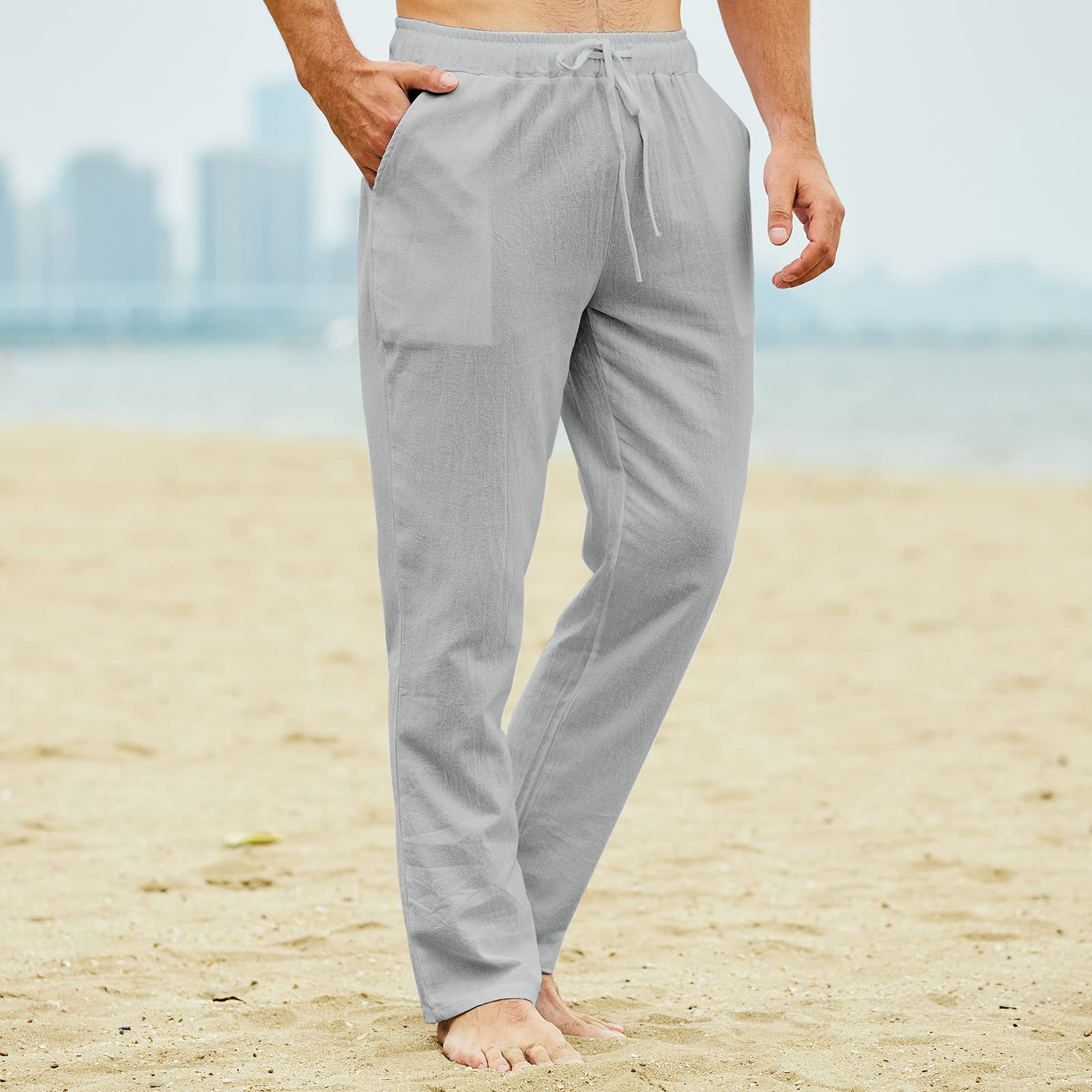 Pantalones de Yoga de Playa de Lino con Cordón para Hombre, Pantalones Largos Casuales Sueltos y Ligeros.
