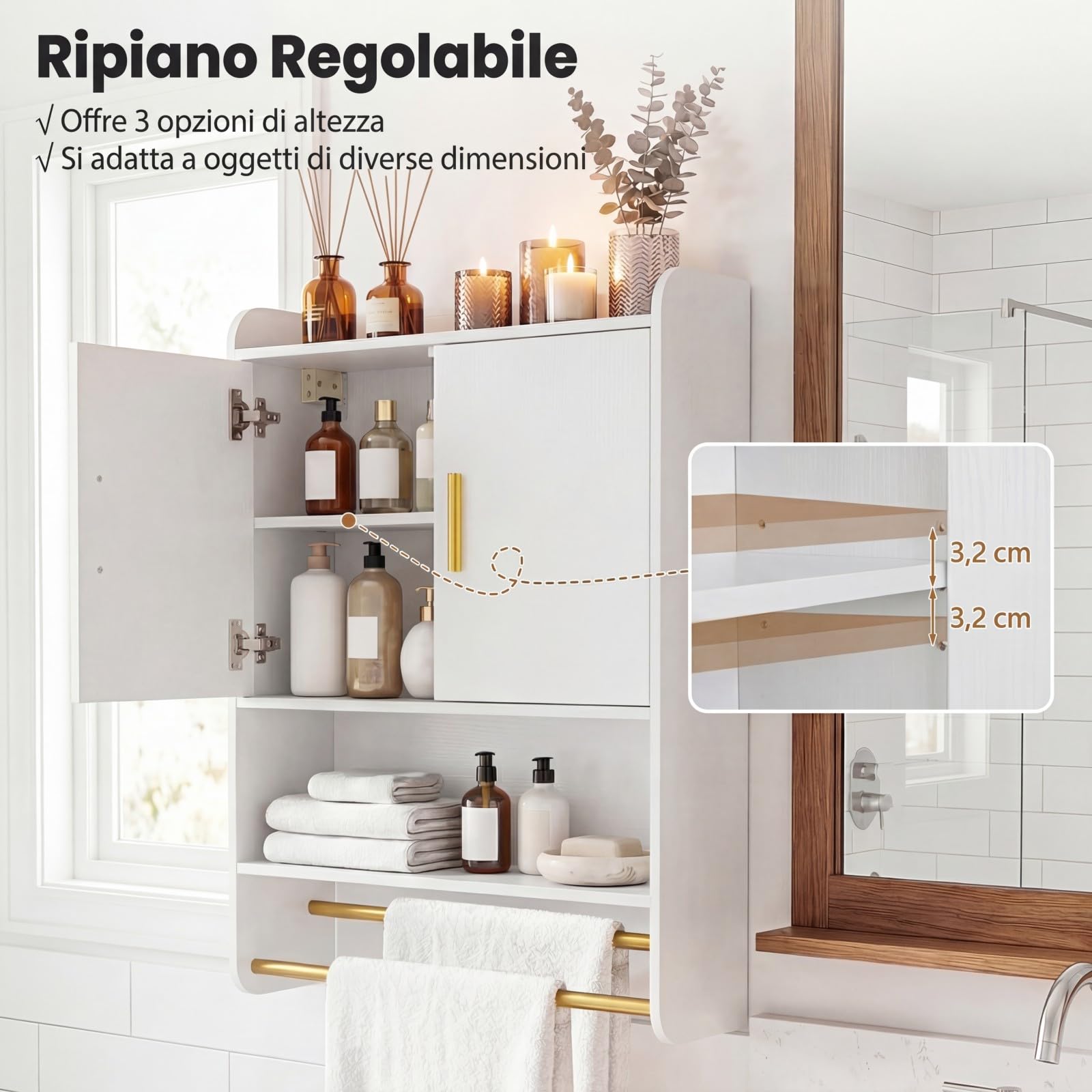 COSTWAY Armadietto Bagno Sospeso, Mobile da Bagno da Parete con Ripiano Regolabile, Scomparto Aperto, 2 Portasciugamani e Gancio Laterale, Pensile Salvaspazio per Cucina, 55 x 20 x 80 cm (Bianco)