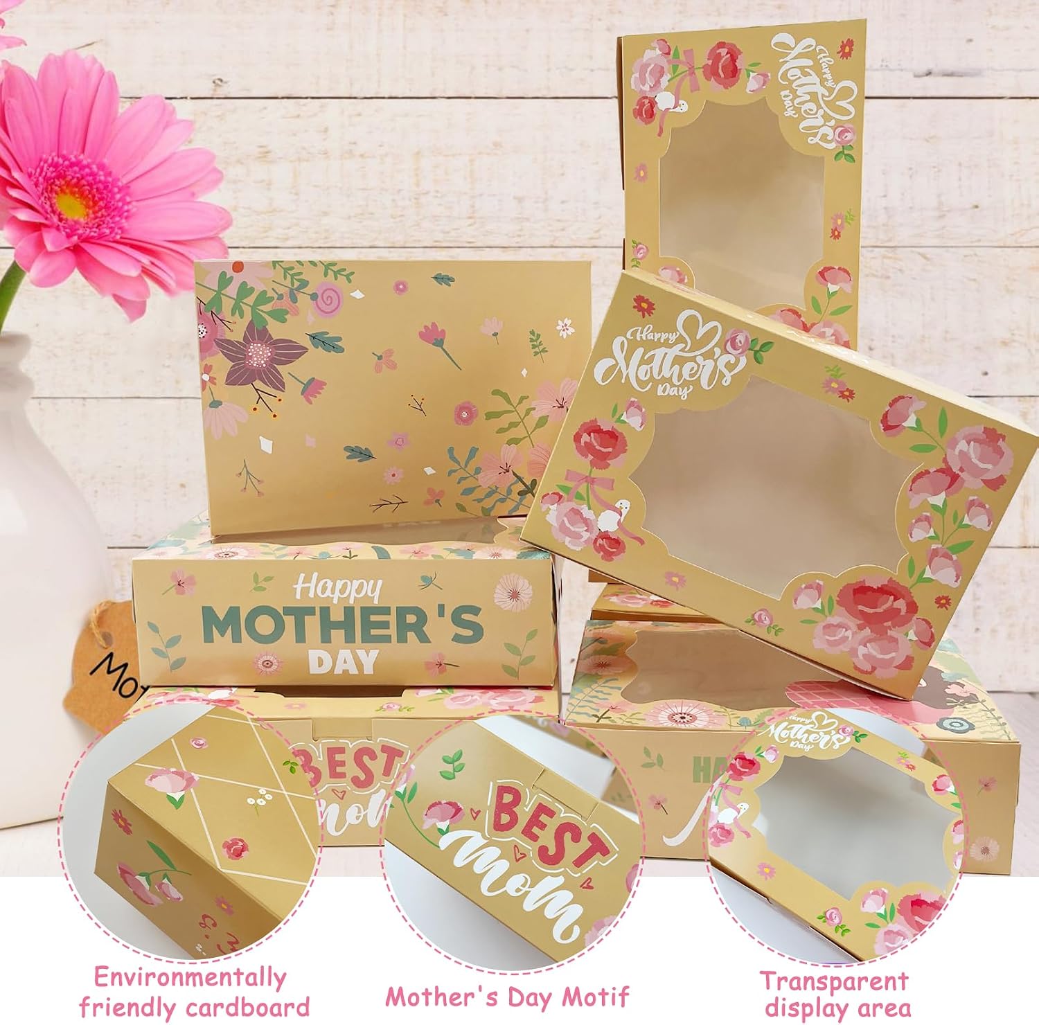 CIEOVO 24Pcs Happy Mother's Day Cookie Boxes with Window, Mothers Day Cookie Gift Cardboard Paper Treat Boxes Cookie Goody Container for Mothers Day Best Mom Birthday Party Supplies