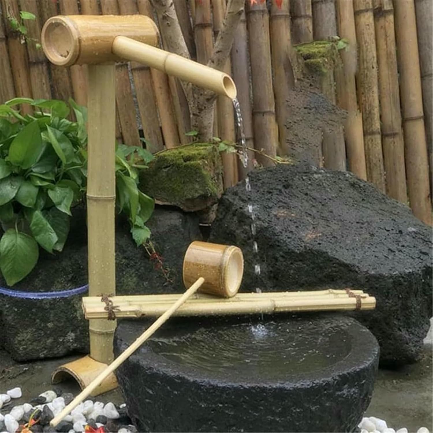 Outdoor Freestanding Fountains, Bamboo Zen Garden Waterfountain, Japanese Indoor Water Feature Decoration 100% Handmade with Rocking Pump