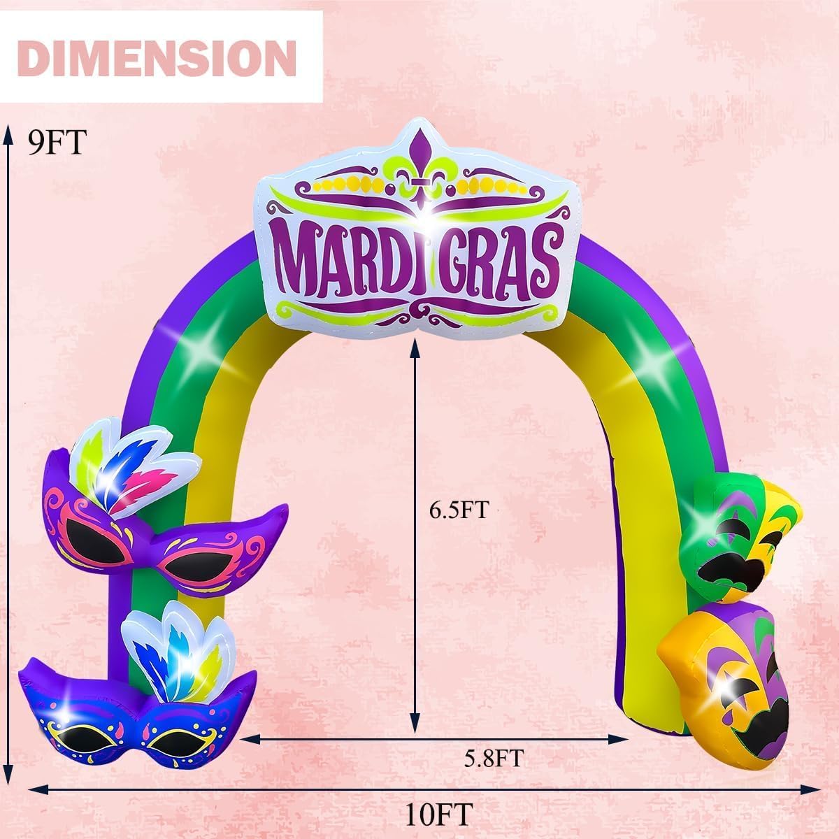 BLOWOUT FUN 9 FT Mardi Gras Inflatable Arch with Mask Decoration Blow Up Mardi Gras Archway Built-in LED Lights for Carnival Party Yard Decor