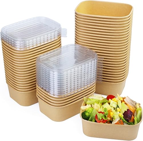 Paquete de 25 recipientes de papel desechables de 19 onzas, recipientes cuadrados desechables para alimentos con tapas transparentes, cuencos de