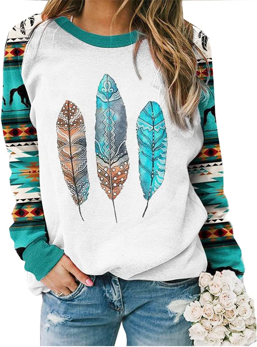 Womens Long Sleeve Shirts Western Aztec Print Fit Tops Fall Casual Fashion Round Neck Blouses