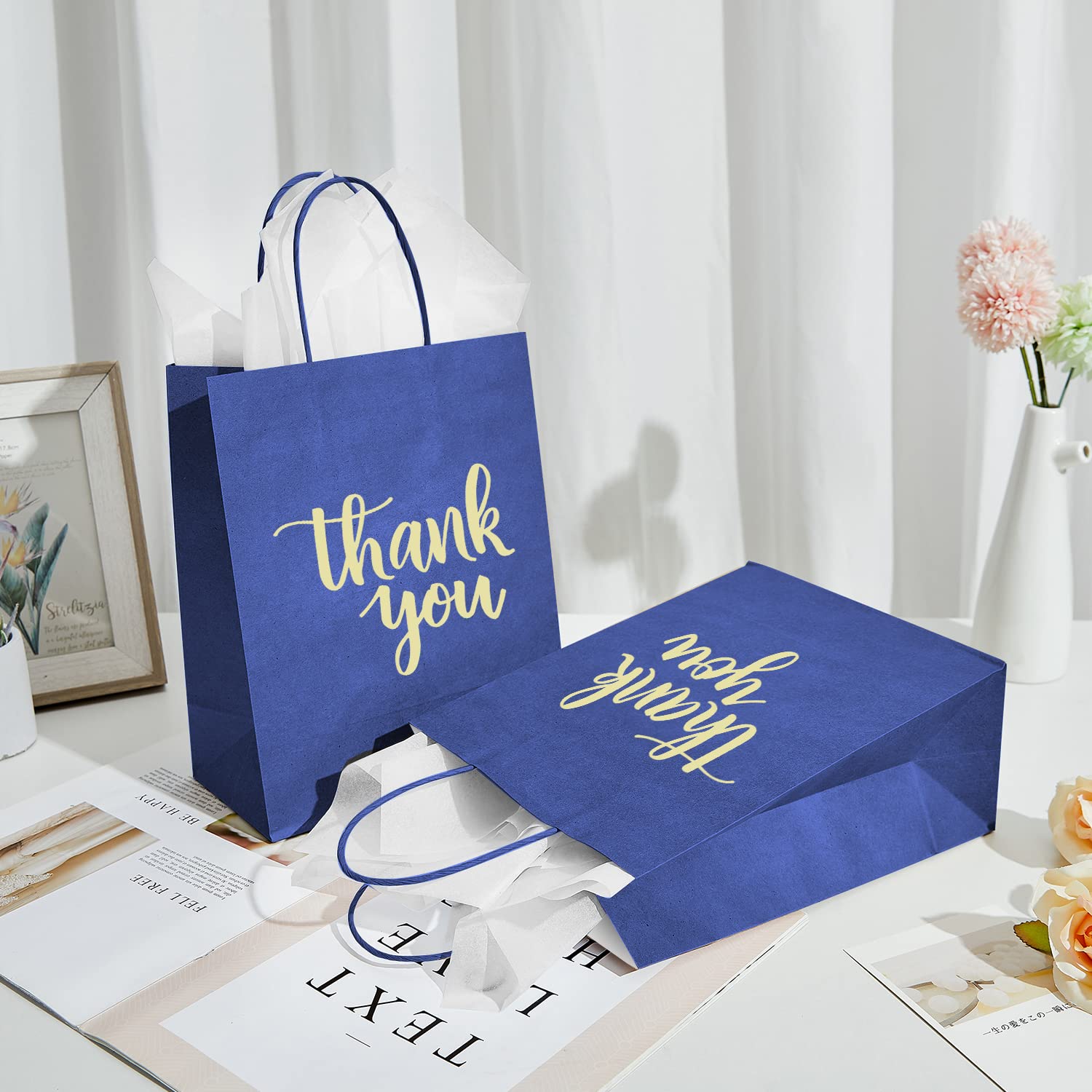 Medium Thank You Gift Bags, Navy Blue With Gold Lettering - 24 Pack Includes Tissue Paper