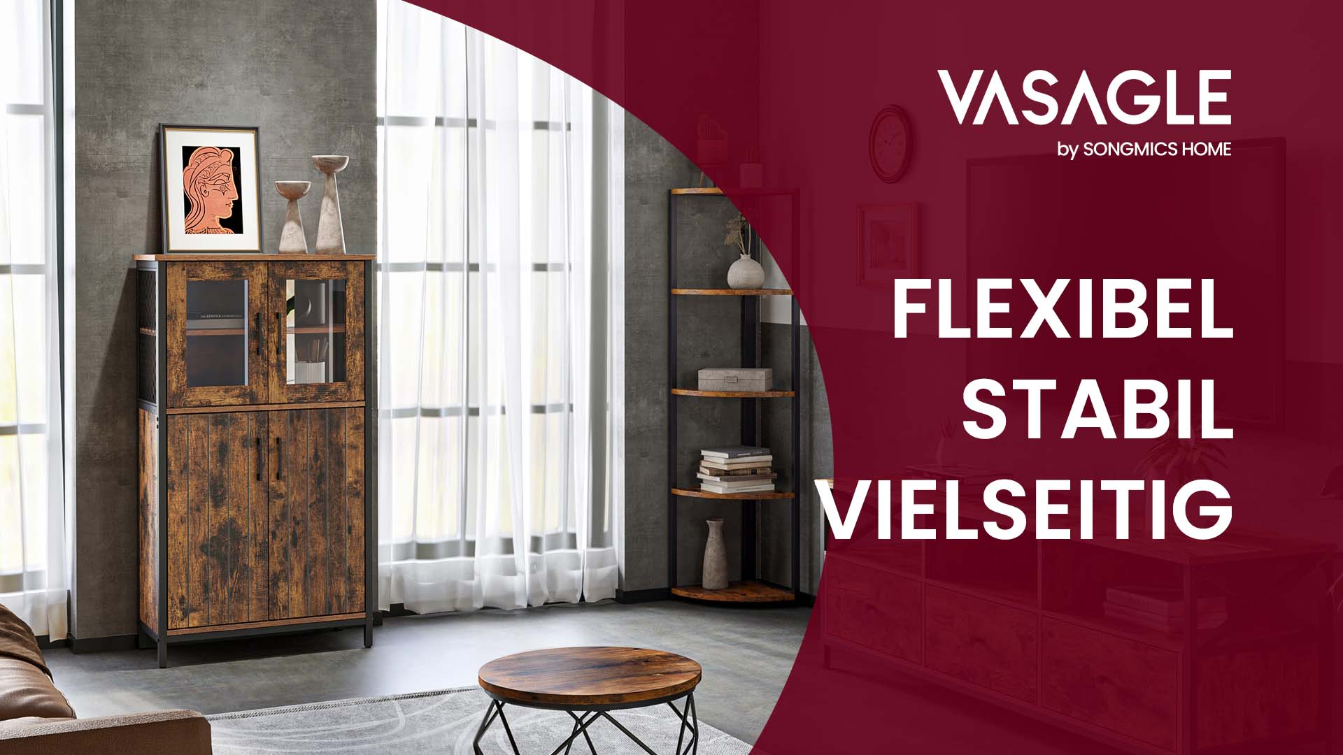 VASAGLE Küchenschrank, Bücherregal, 2 Offene Fächer, Verstellbare