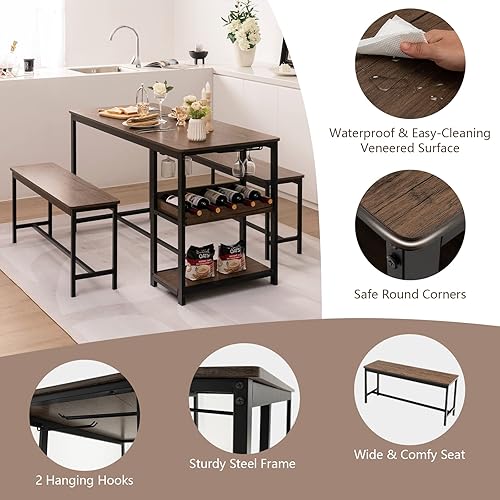 Miniatura 4 de Giantex Juego de mesa de comedor para 4, juego de mesa de cocina de 3 piezas de 55 pulgadas de largo con 2 bancos, mesa de desayuno con estante para