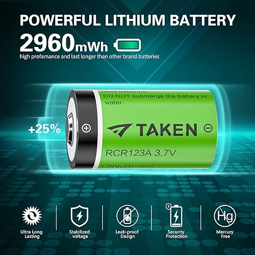 Miniatura 5 de Taken Paquete de 4 baterías recargables CR123A, batería de litio de 3.7 V y cargador LED compatible con cámaras de seguridad Arlo