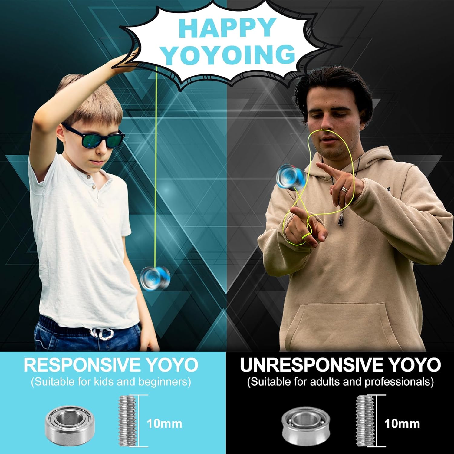 FETESNICE Professional Finger Spin Yoyo FS23 - Metal Trick Yo-Yo, Dual Purpose Responsive/Unresponsive Yoyo for All Skill Levels, Fingerspin Yoyo Design with Yoyo Accessory Kit-Black Blue Sliver