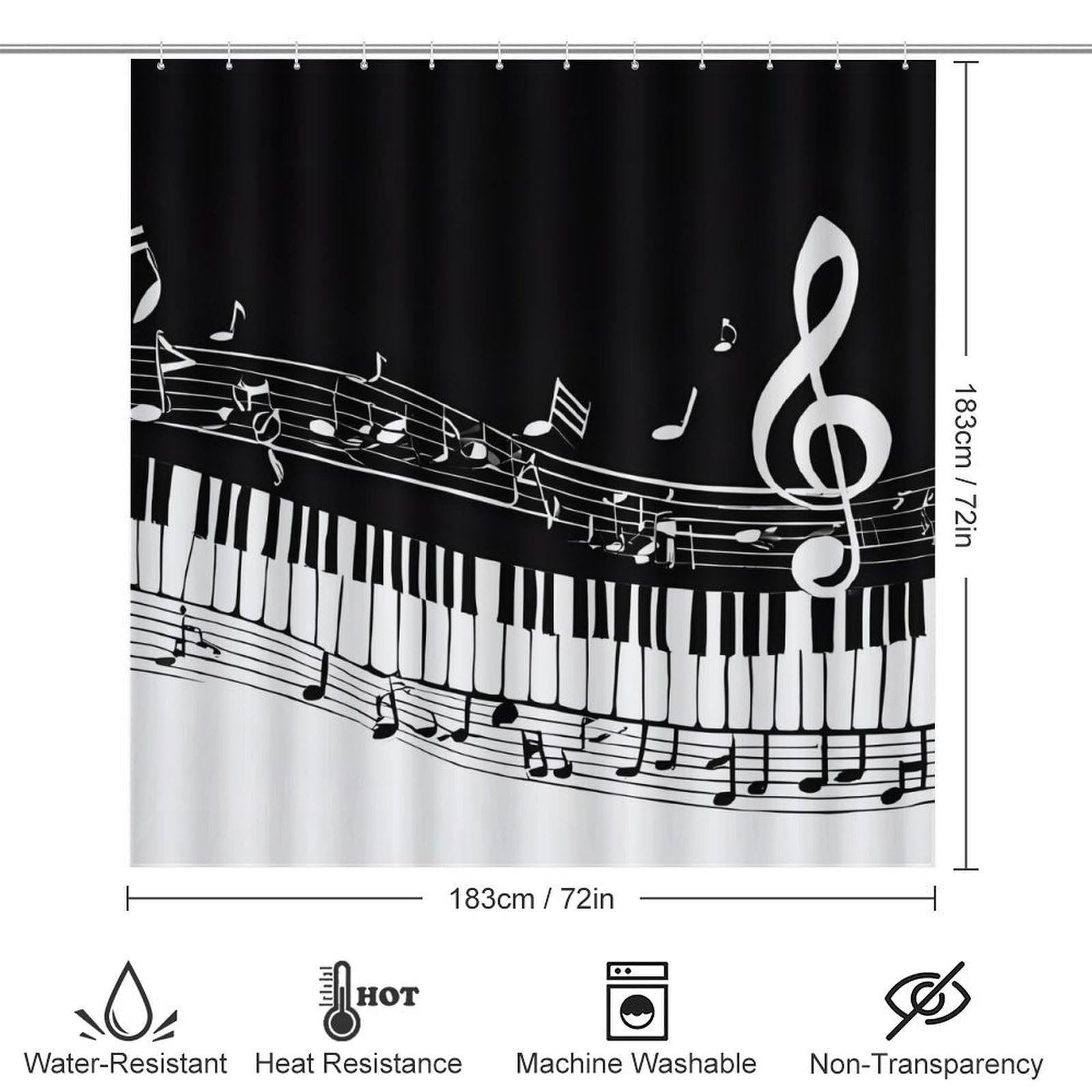 Black White Music Note Print Four Piece Bathroom Set 183 * 183cm Shower Curtain, Non-Slip Floor Mats, U-Shaped Mat, and Toilet Lid Cover