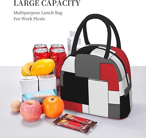 Miniatura 6 de Bolsa de almuerzo geométrica roja, blanca, negra, gris, grande, patrón geométrico, reutilizable, contenedor para mujeres, hombres, escuela, oficina,