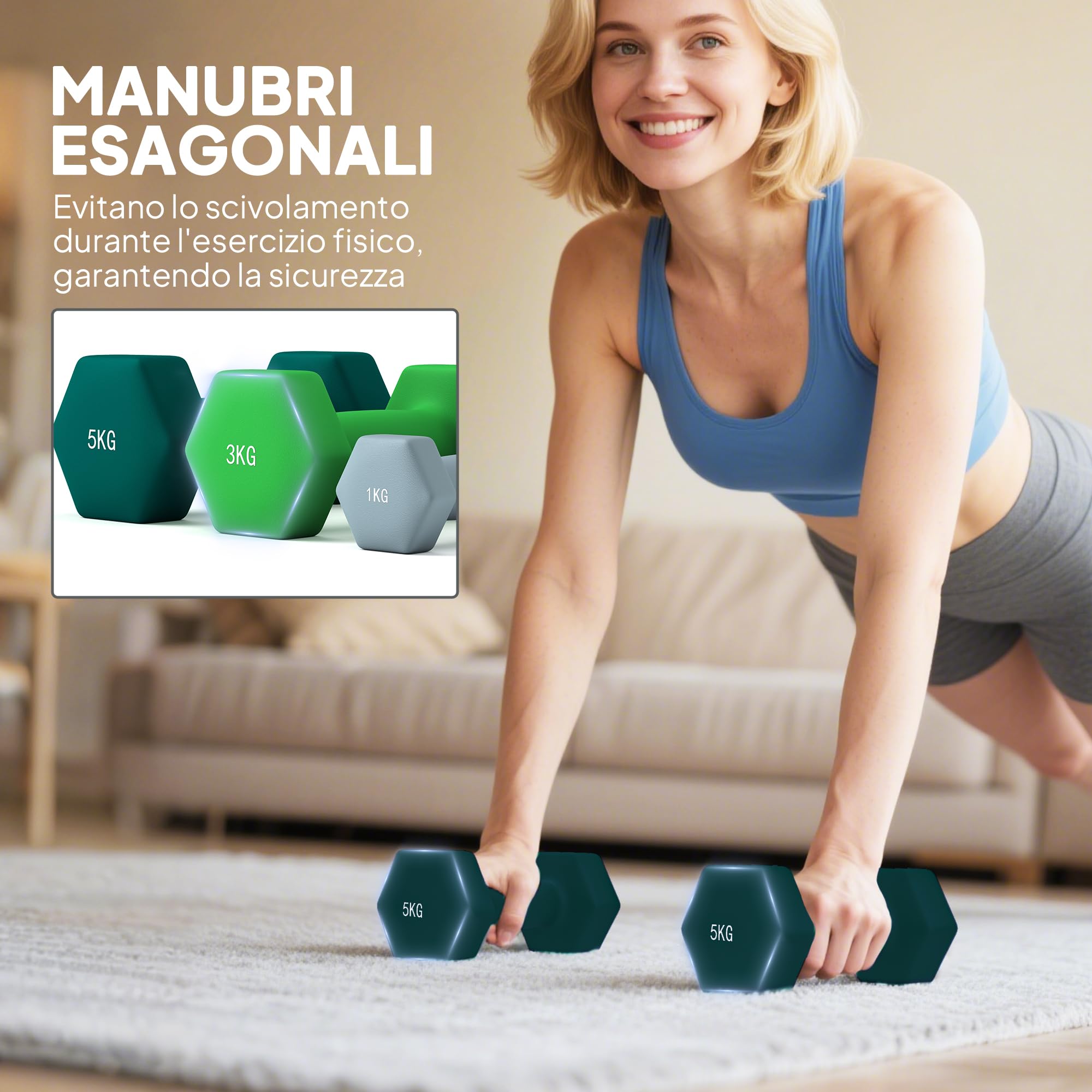 SPORTNOW Set di Manubri da Palestra con Supporto, 2x1 kg, 2x2/5 kg, 2x3 kg, Manubri per Palestra Esagonali in Metallo con Impugnatura, Allenamento Fitness Casa