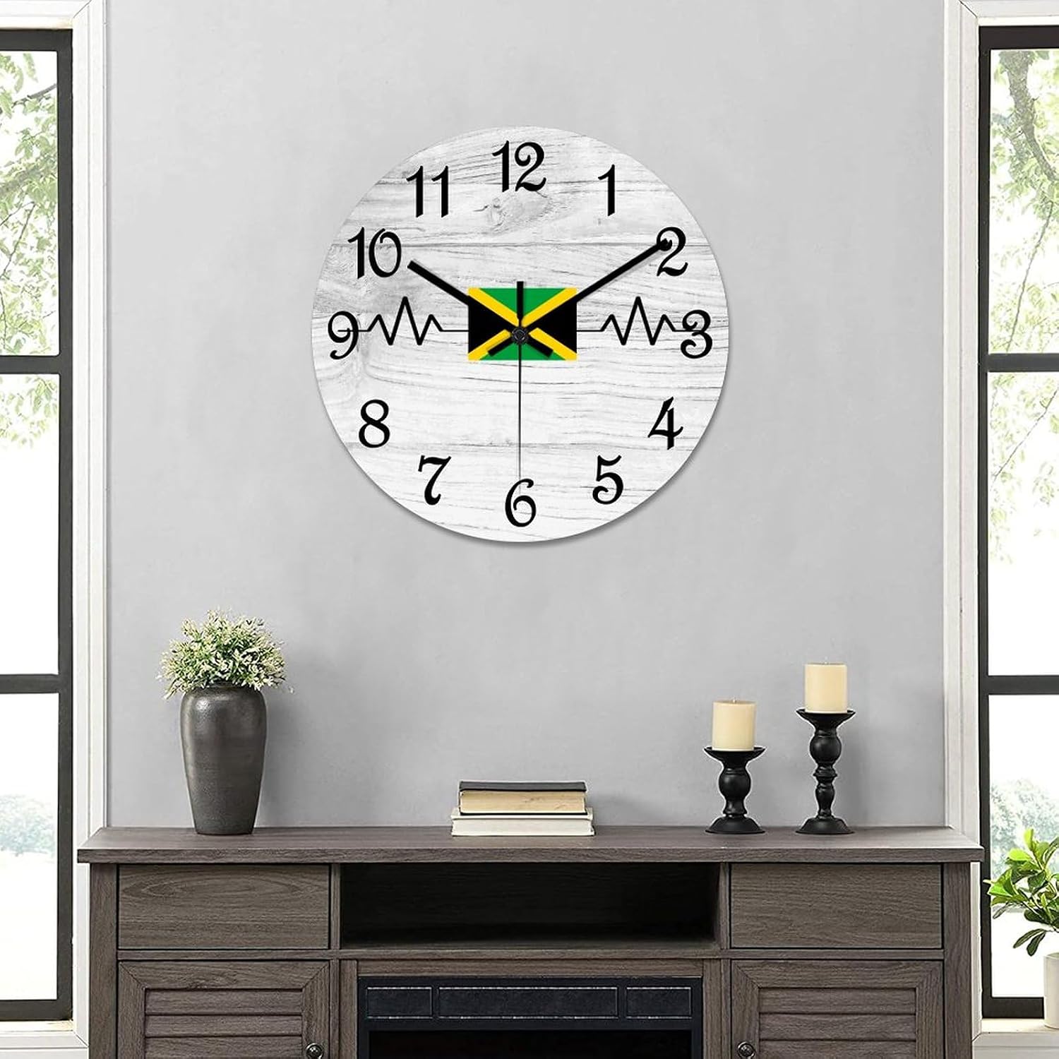 Jamaica Flag Heartbeat Wall Clock Jamaica Wooden Wall Clocks Battery Operated 15 Inch Non-Ticking Retro Cabin Wall Decor for Kitchen Bedroom Living Room Office, Style-3, slwcuyy6zs7d