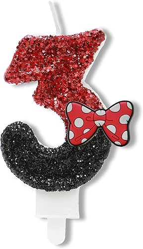 Vela de cumpleaños número 3, velas de número de lentejuelas rojas y negras con lazo rojo 3rd Glitter Cake Candles