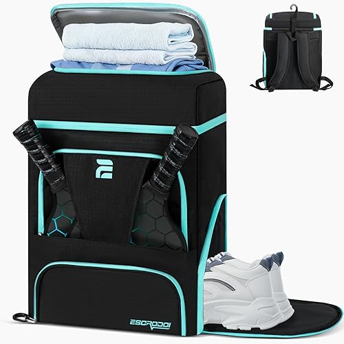 ESCRODOI Pickleball Bag with Shoe Compartment & Cooler, Large Pickleball Sport Backpack with Wet Dry Pocket for Men&Women, Multi-Pocket Gym Bags for Sports&Work with Laptop Compartment, Black