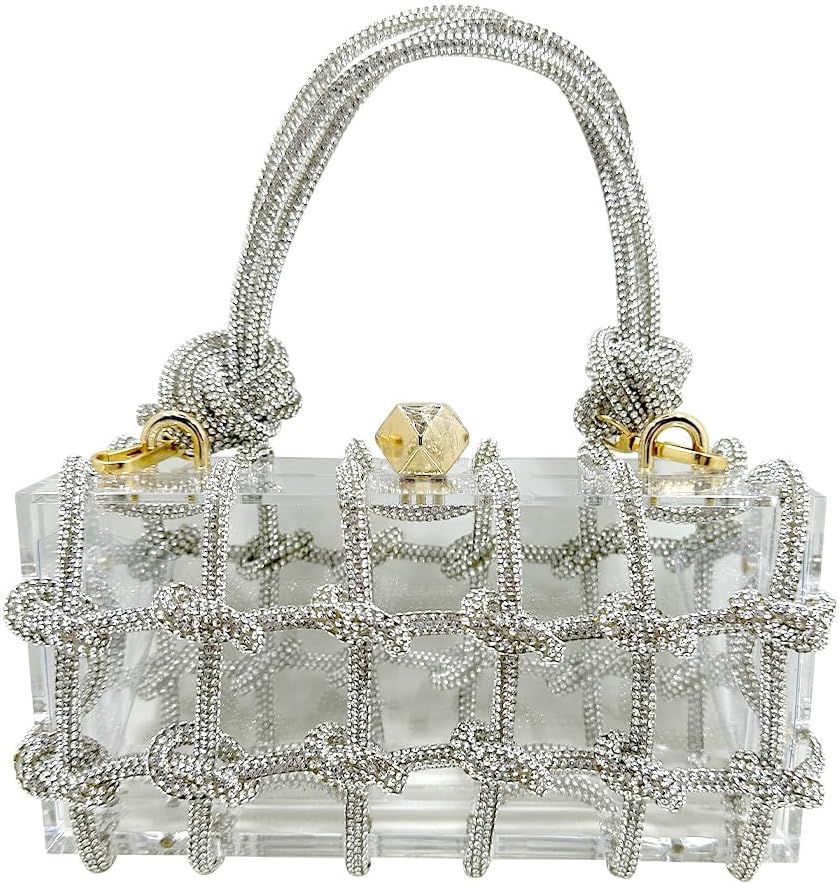 Clear Acrylic Clutch, Glitter Rhinestone Purse Handbag with Bling Rope for Banquet Party Silver - Image 1 of 7