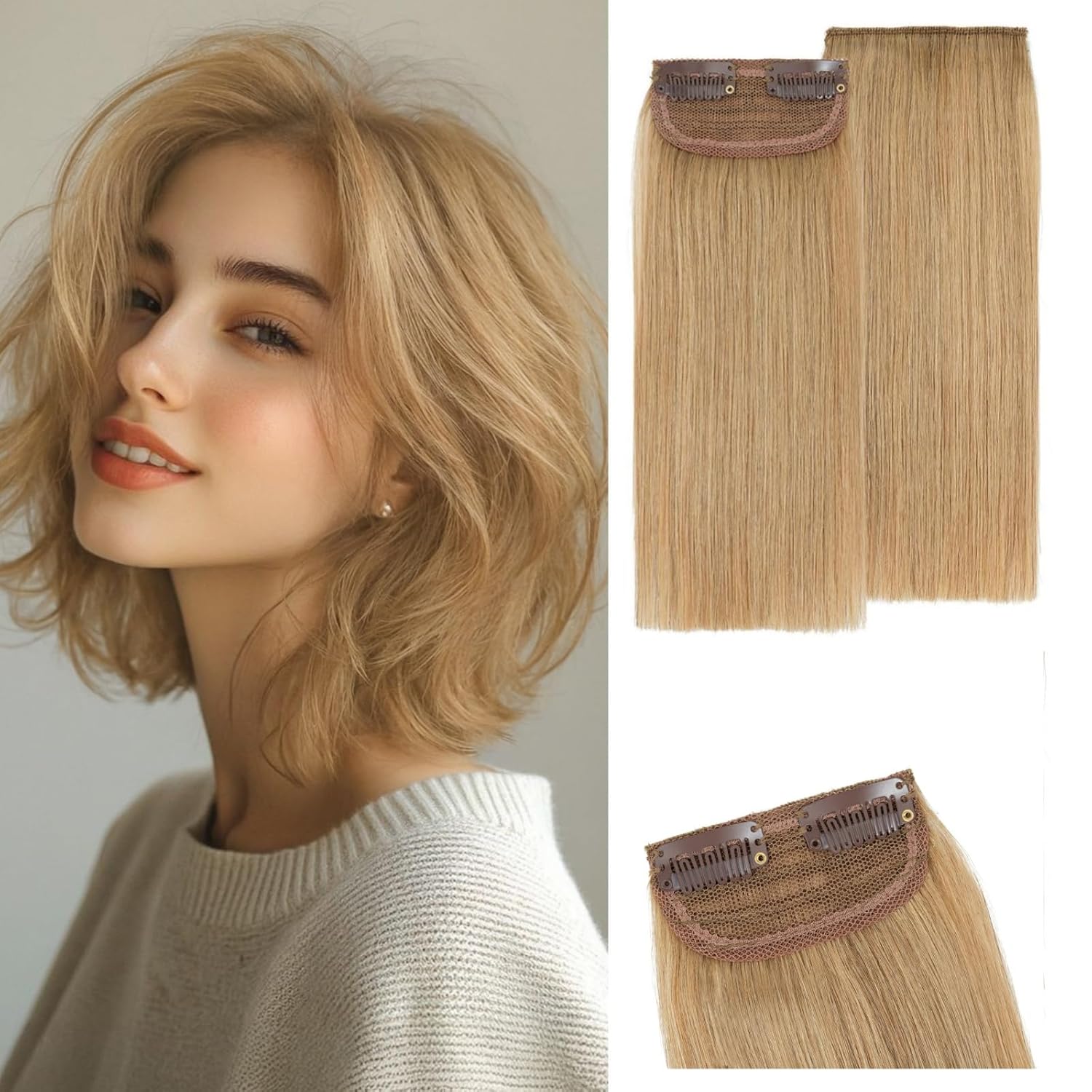 S-noilite 2 pieces 8 inch Clip In Short Hair Extensions 100% Remy Human Hair Invisible Mini Short Clip in Hairpiece for Women with Thinning Hair Dark Blonde