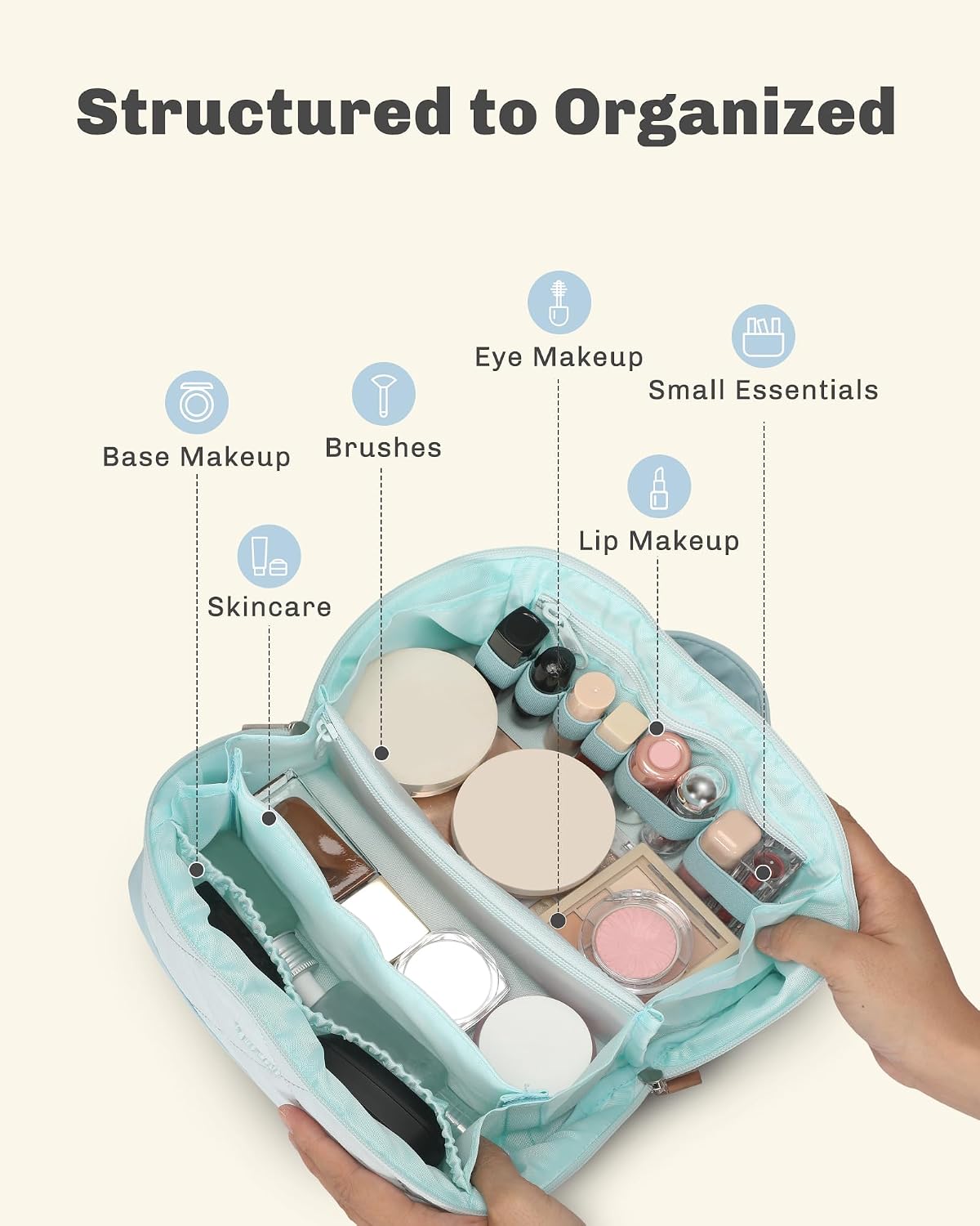 Hynes Eagle Travel Makeup Bag for Women Puffy Cosmetic Organizer Pouch Open Flat Toiletry Bag for Toiletries Brushes Structured Base Light Blue