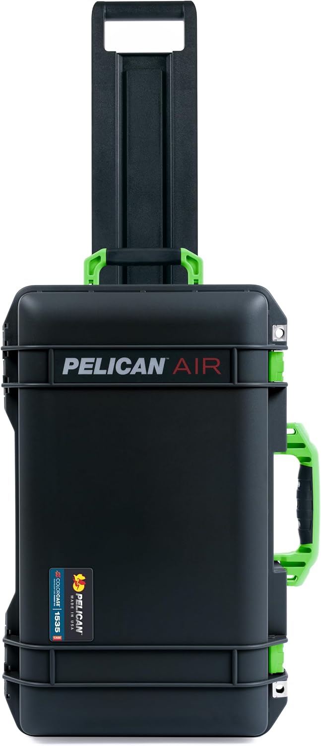 Pelican Air 1535 Carry-on Case by ColorCase - Black - Medium Size Waterproof Case with Gray Padded Microfiber Dividers & Mesh Lid Organizer - Lime Green Handles & Latches