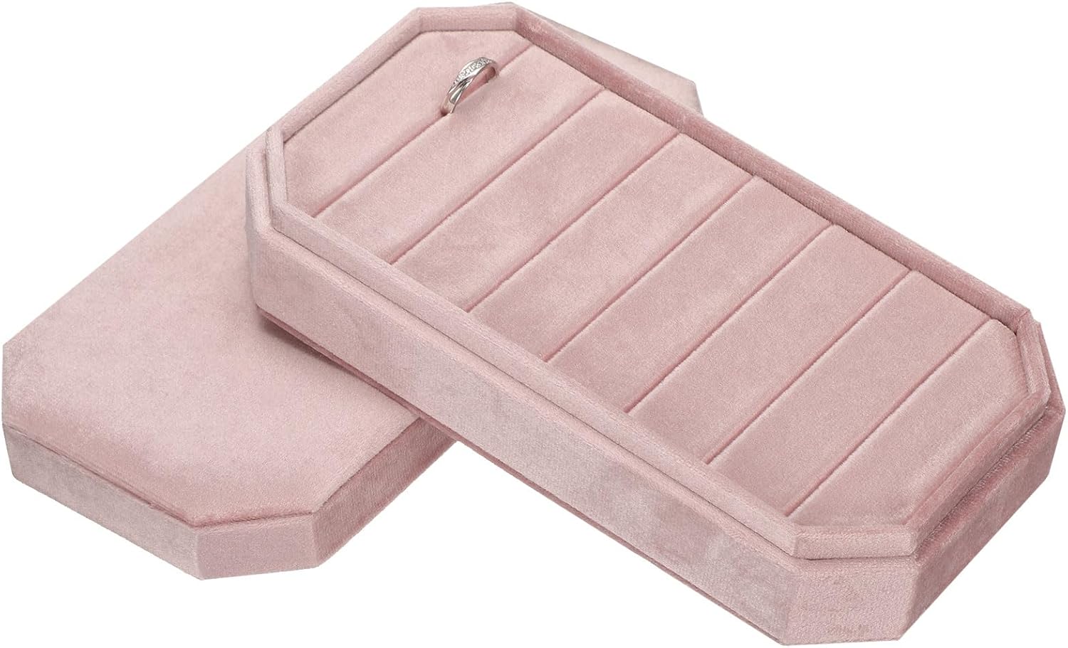 uxcell Velvet Ring Organizer Jewelry Display Tray 7 Slots Showcase Ring Holder Case Velvet Jewelry Organizer Box Stand with Lid for Rings Earrings Pink