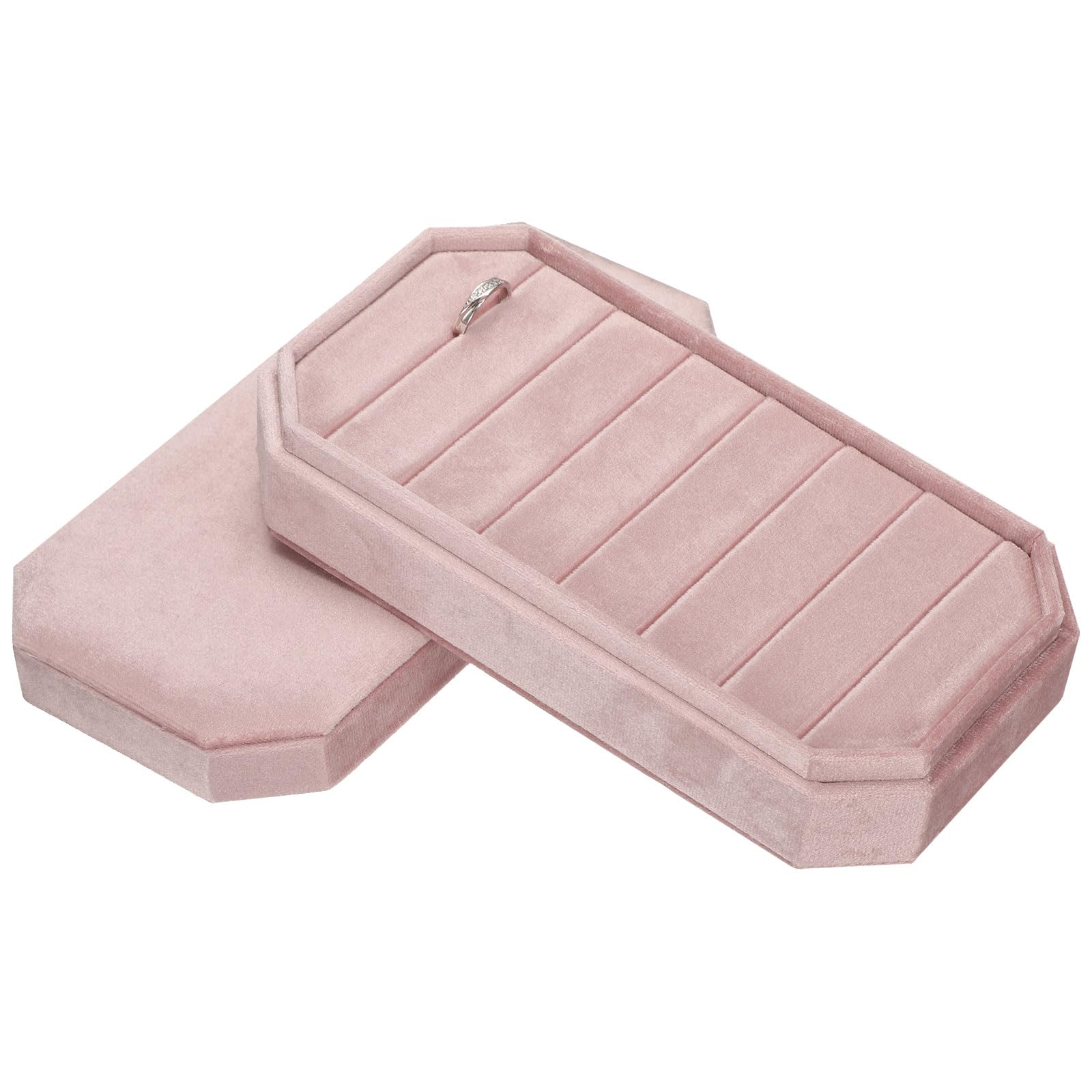 Présentoir à bijoux velours rose boîte de rangement 7 fentes pour bague et boucle