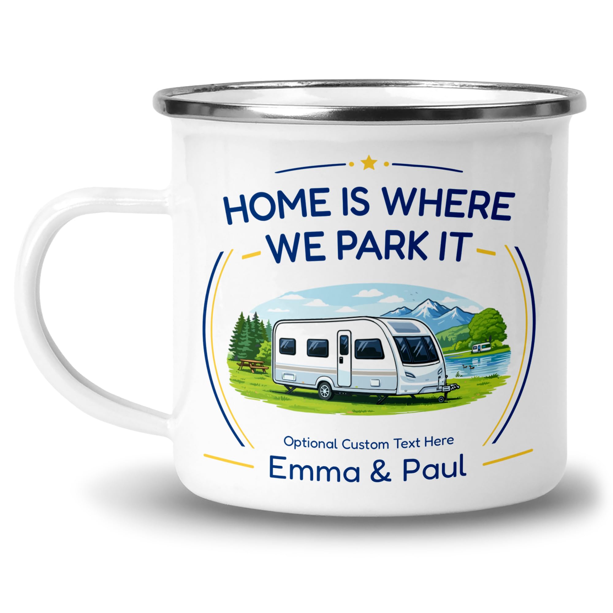 Chicken Craft Personalised Caravan Enamel Mug with Name - Single Axle Home is Where We Park It Camping Gift