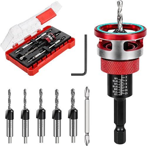 Countersink Drill Bit Set with Depth Stop, 5 PCS TCT Cutters & HSS Bits | Adjustable Aluminum Alloy Stop Collar, L-wrench and S2 PH2 Screwdriver Bit, 1/4" Hex Shank Counter Sink Drill Bit for Wood