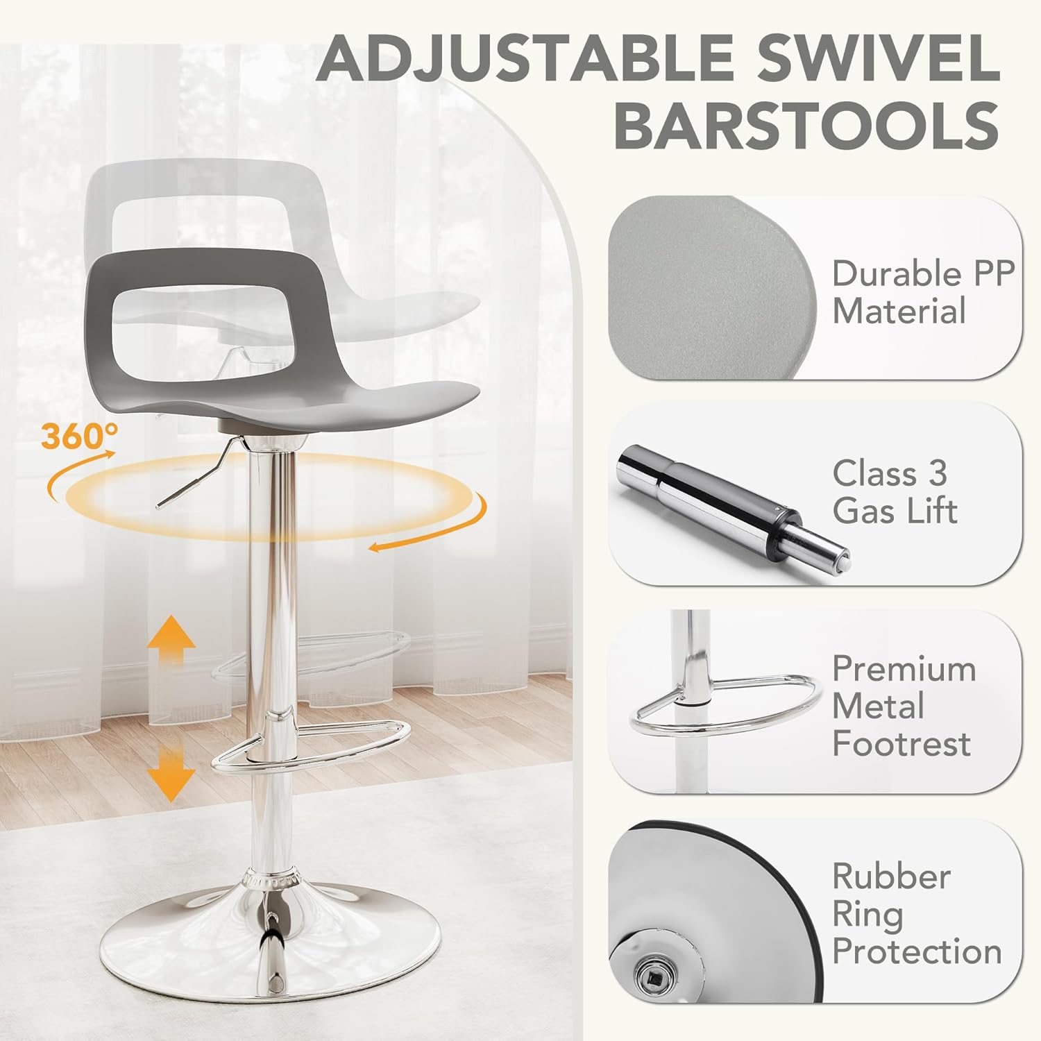 thksbought Bar Stools Set of 2,Adjustable Plastic Swivel Barstools, Modern Counter Stools with Open-Back and Footrest,Counter Height Barstools for Bar,Kitchen and Dining Room(Matte Gray)
