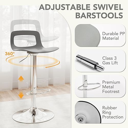 Miniatura 3 de thksbought Juego de 4 taburetes de bar, taburetes de bar giratorios de plástico ajustables, taburetes modernos con respaldo abierto y reposapiés,