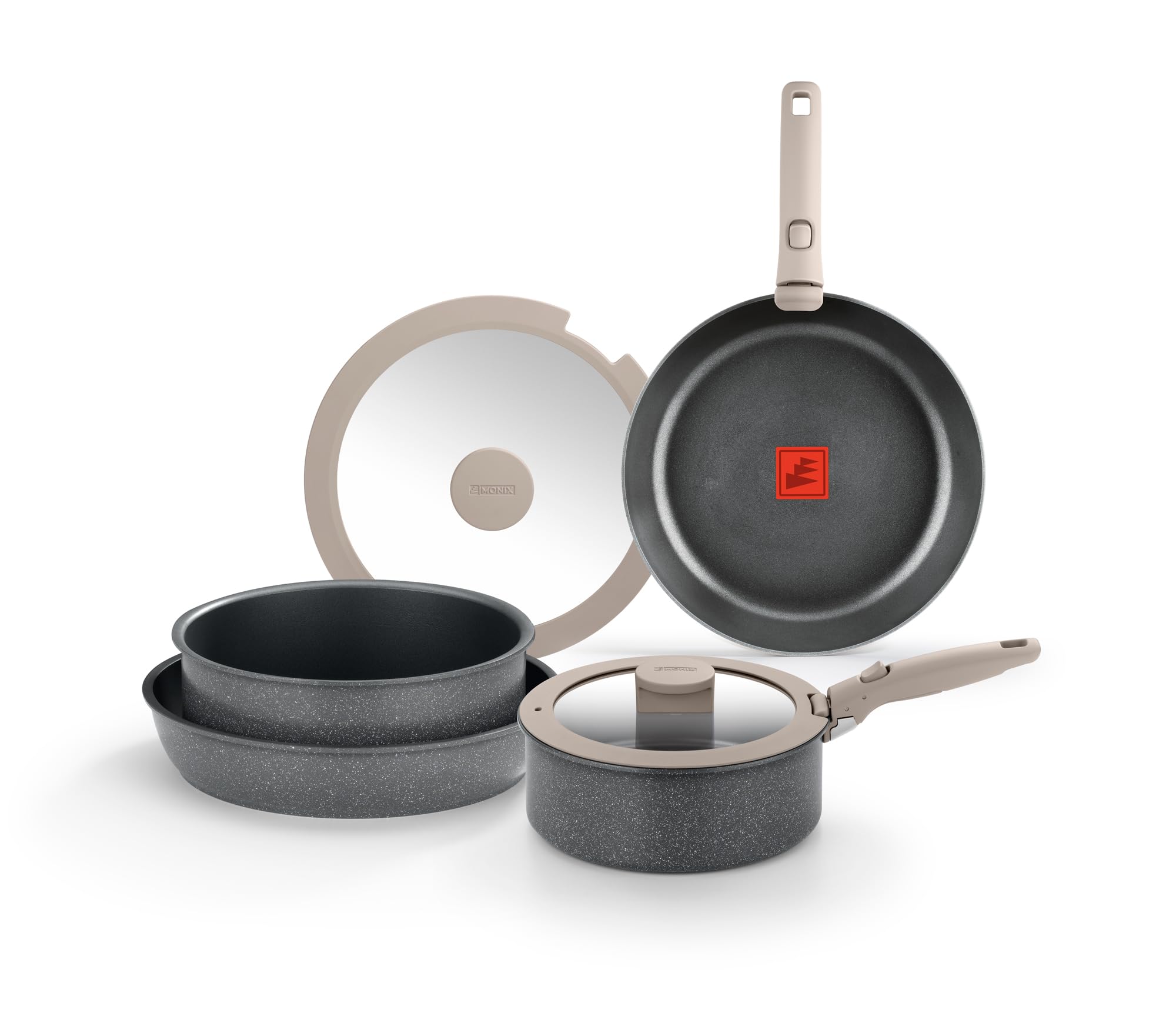 MONIX One Click Pietra | Batería 8 piezas, Aluminio Forjado con Antiadherente, libre de PFOA, Mango Desmontable, Apta para todo tipo de Cocinas, Incluida Inducción, Apilable para ahorro de Espacio