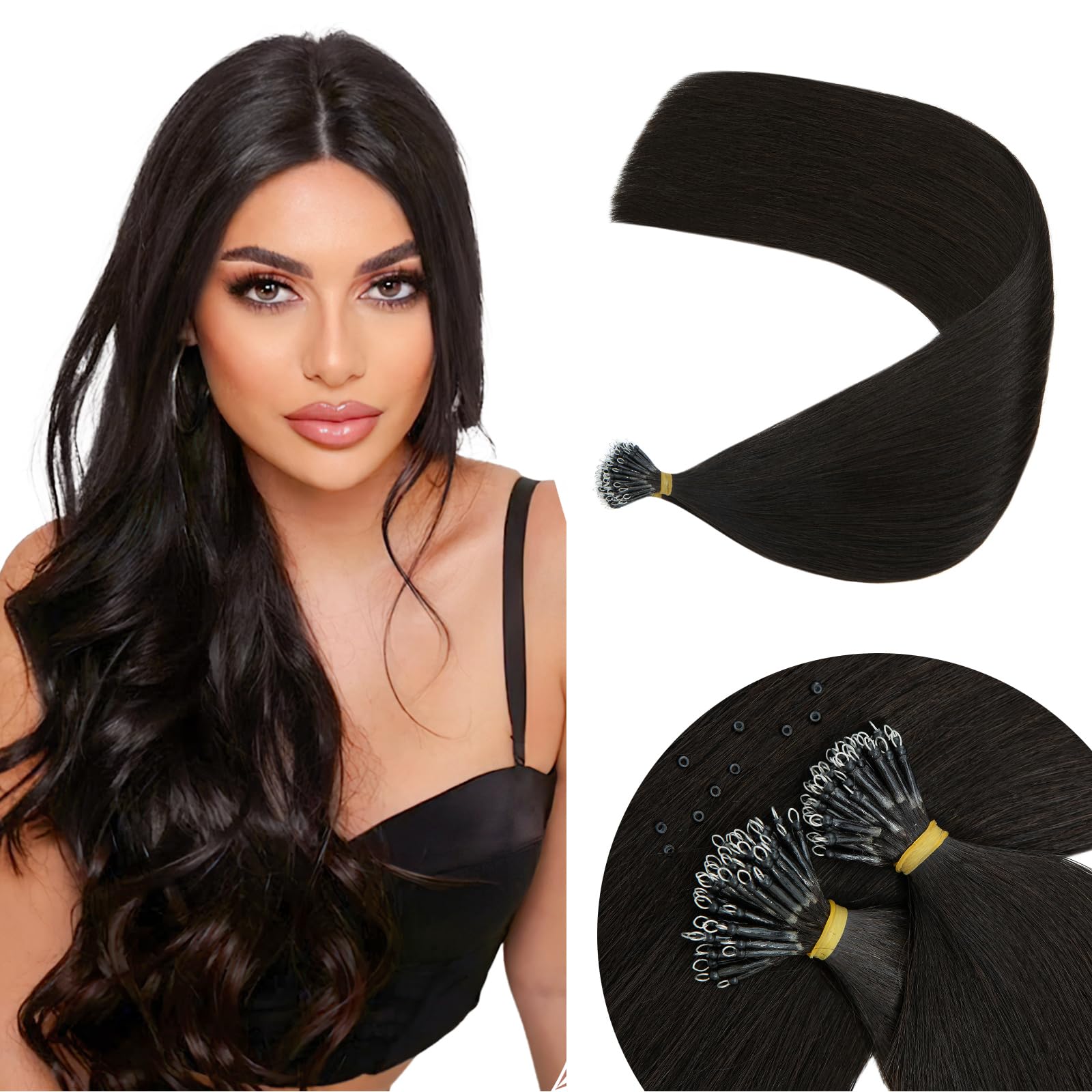 Elailite Nano Hair Extensions Real Human Hair 50 Strands 50g with Nano Ring Beads Cold Fusion Straight (#1B Natural Black, 24 Inch)