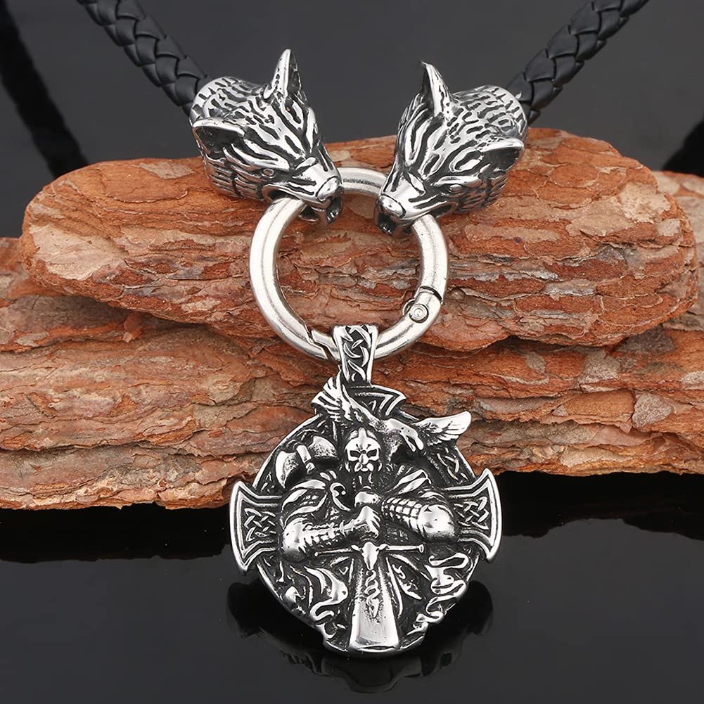 YABEME Herren Wikinger Halskette, Edelstahl Vintage Hochleistungs Odin Amulett Anhänger Geflochtene Leder Wolf Kopf Seil Kette Biker Schmuck, Mit Valknut Rune Geschenktüte