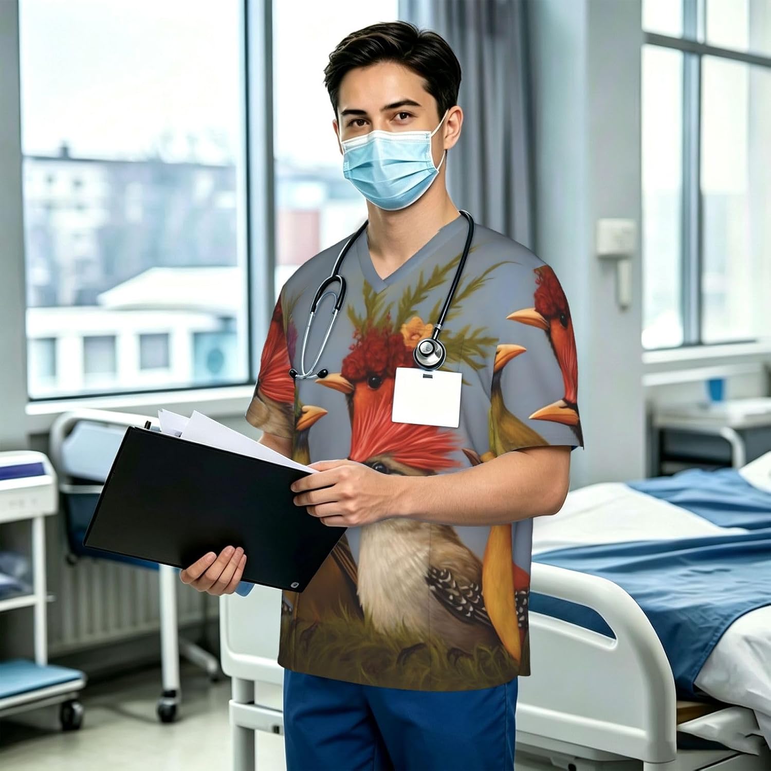 Professional Scrub Tops for Men, Classic V-Neck Workwear with 3 Pockets