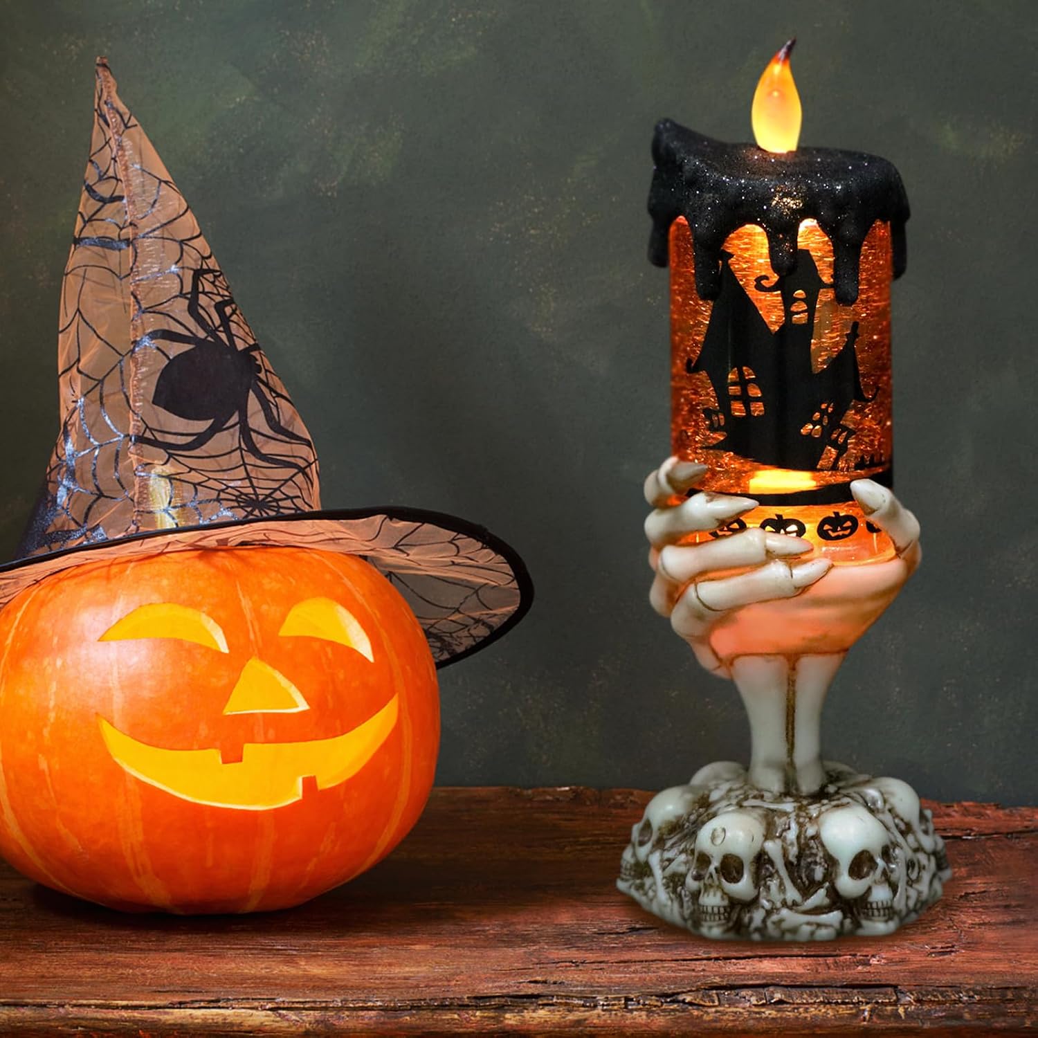 Halloween Snow Globe Flameless Candle with Timer, Battery Operated Tornado Lamp Skeleton Hand Candle Holder Yellow Light Glittering Spinning Water Halloween Table Decor(Bats, 4" x 10")