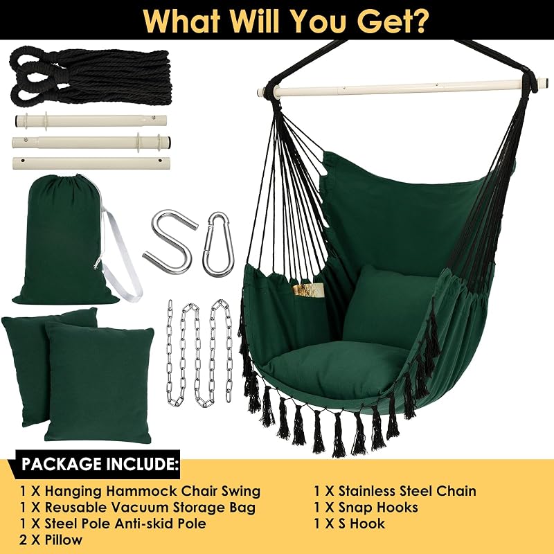 Y- STOP Hammock Chair Hanging Rope Swing, Max 500 Lbs, 2 Cushions Included, Large Macrame Hanging Chair with Pocket for Superior Comfort, with Hardware Kit, Green image 6