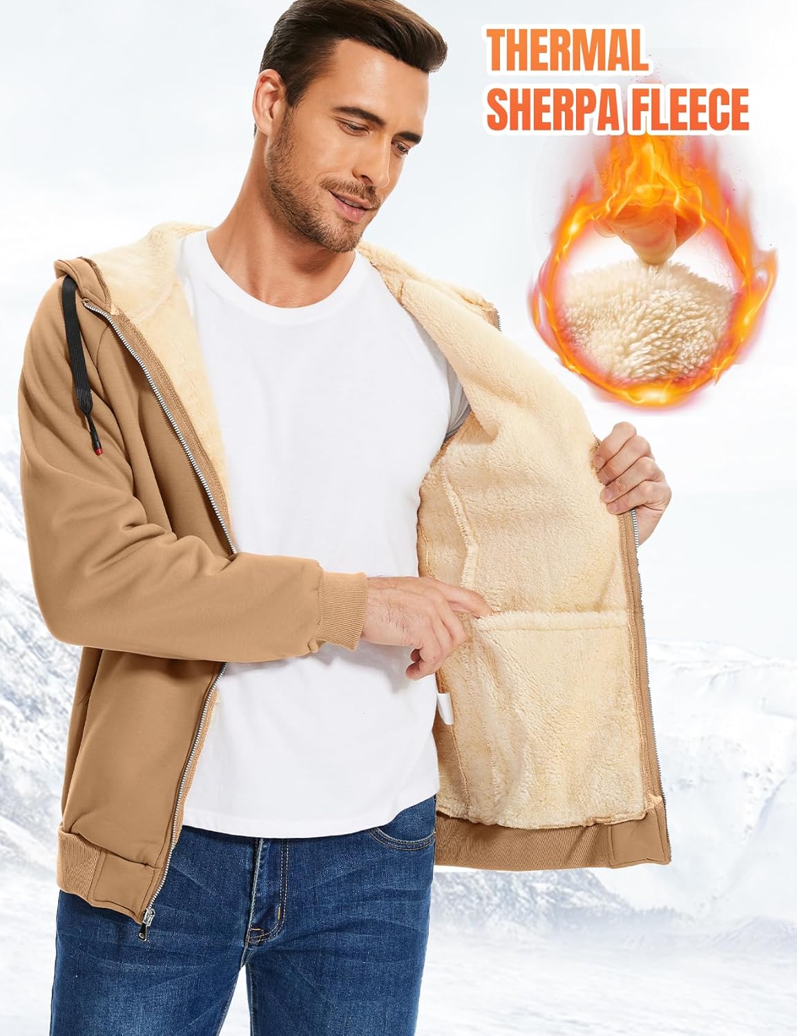 Flygo Sherpa Hoodies for Men Zip Up Winter Fleece Lined Hooded Sweatshirt Heavyweight Warm Jackets - Image 2