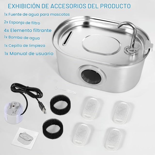 Foto 7 de 8 de AQXONG Fuente de Agua para Mascotas de Acero Inoxidable, 3.2L Bebedero para Gatos, Filtrado Múltiple