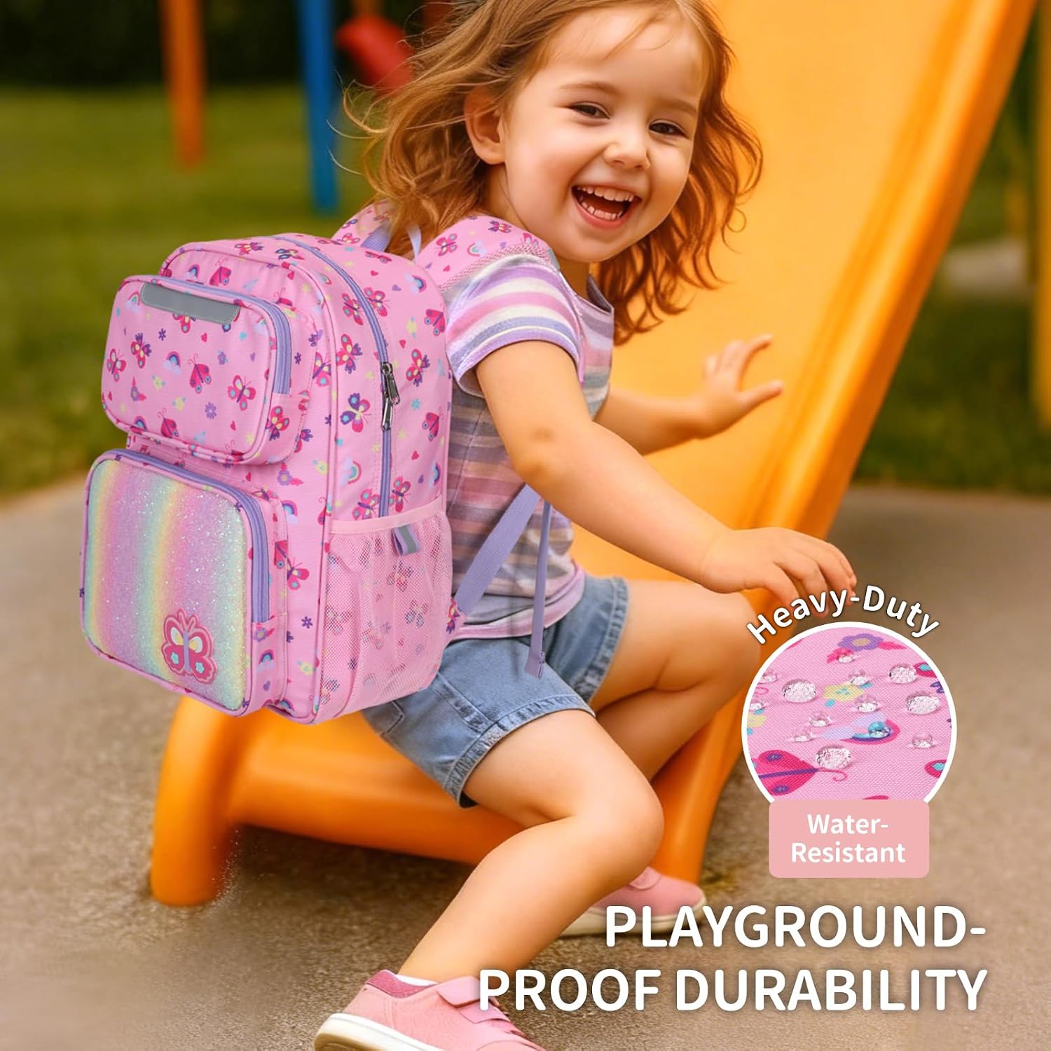 Kids Backpack for Girls Kindergarten - 15 Inch Lightweight School Bookbag fits Folder, Backpack for Kids 4-7 with Leakproof Insulated Pocket for Lunch and Snacks, Pink Butterfly