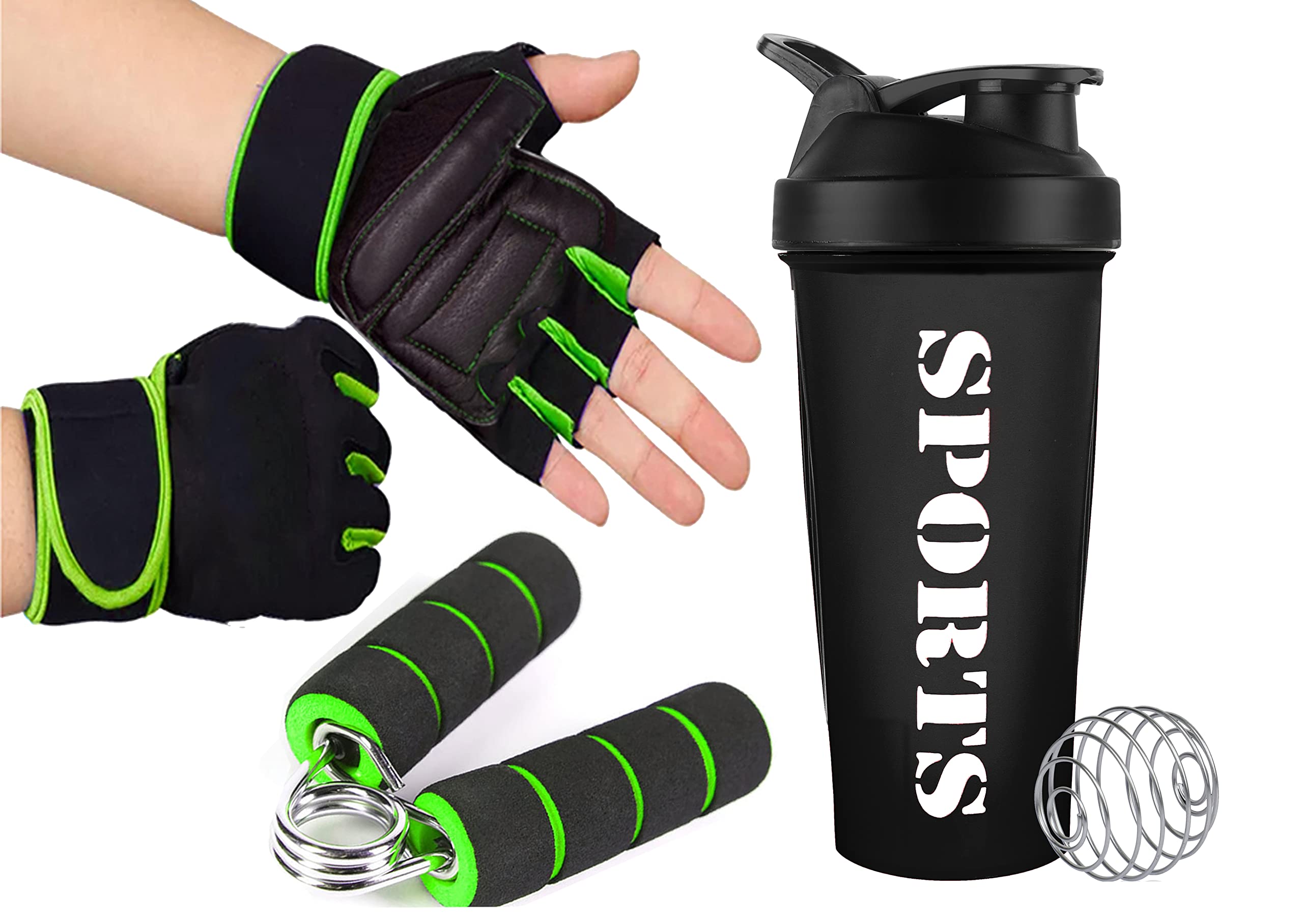 COOL INDIANS Fitness Combo of Gym Shaker,Gym Glove and Mini Gripper for Gym&Fitness Kit|Gym Shaker|Gym Workout Gripper|Workout Gym Gloves with Foam Hand Gripper Support for Men&Women (Green)-image-8