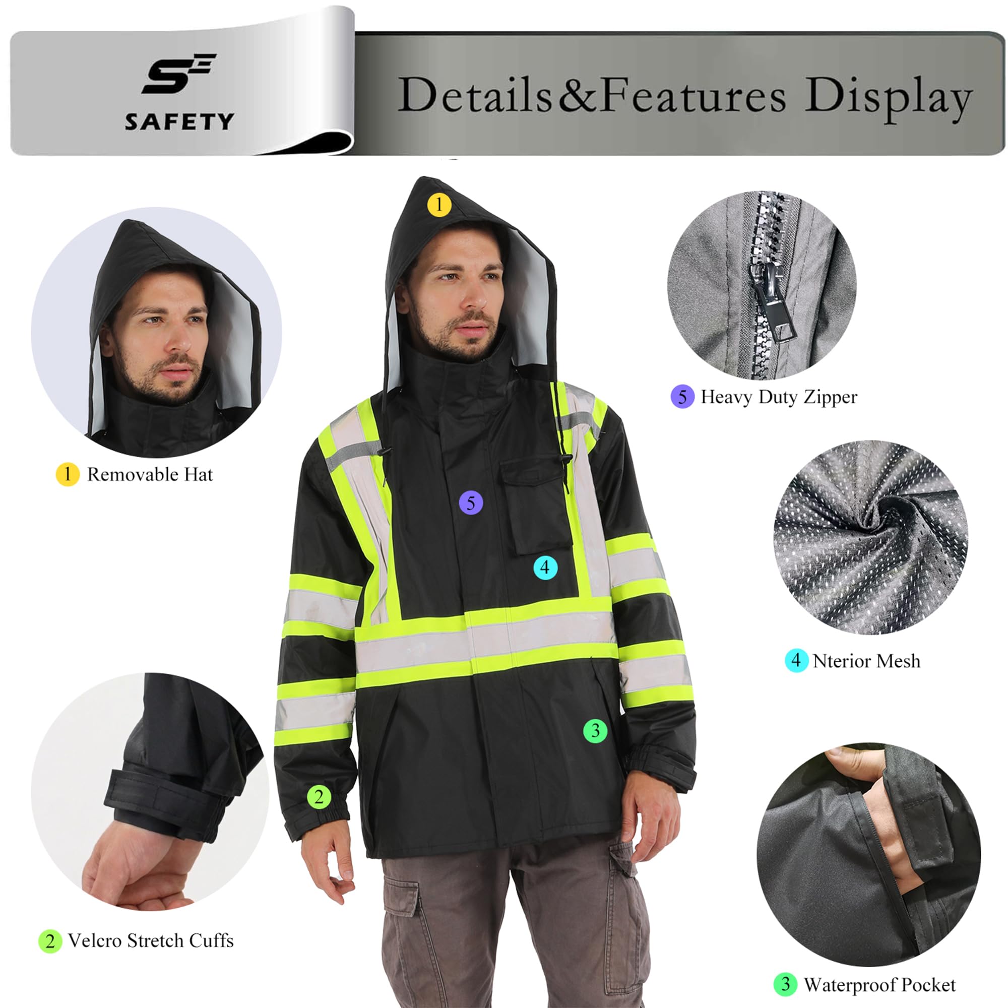 sesafety Giacca antipioggia ad alta visibilità, classe 3, abbigliamento antipioggia da uomo