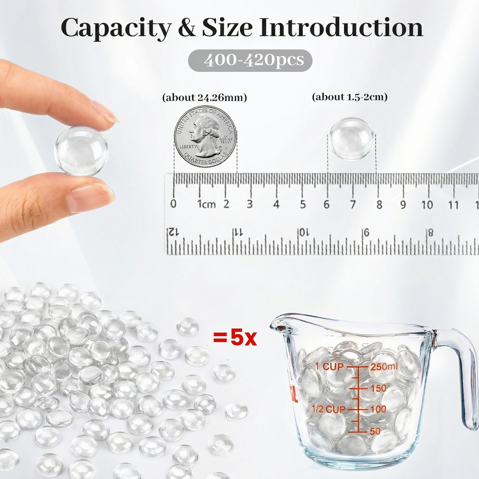 VGOODALL Lot de 420 galets en verre transparent 1,9 kg | 1,5–2 cm pour gravier d'aquarium, remplissage de vase, culture hydroponique et décoration d'intérieur