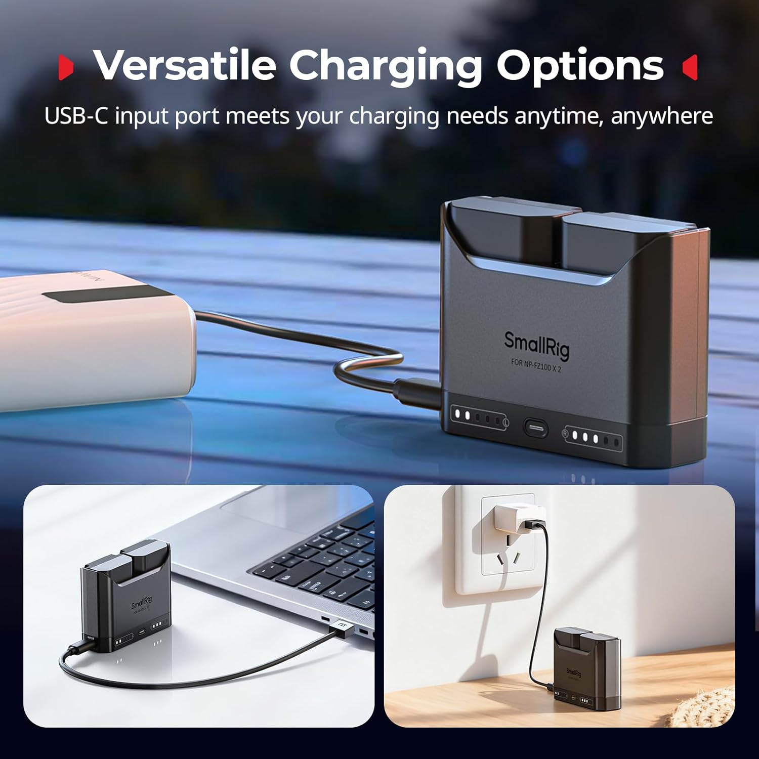 Images showing the SMALLRIG NP-FZ100 charger connected to a power bank, a laptop, and a wall adapter via its USB-C port.