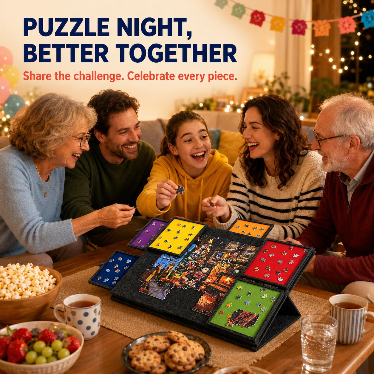 Deska do puzzli, 1000 elementów, składana, z 6 kolorowymi szufladami, nachylony stół puzzli ze stojakiem i pokrywą, filcowa płyta puzzli, 77 x 52 cm, lekkie akcesoria do domu i w czasie wolnym