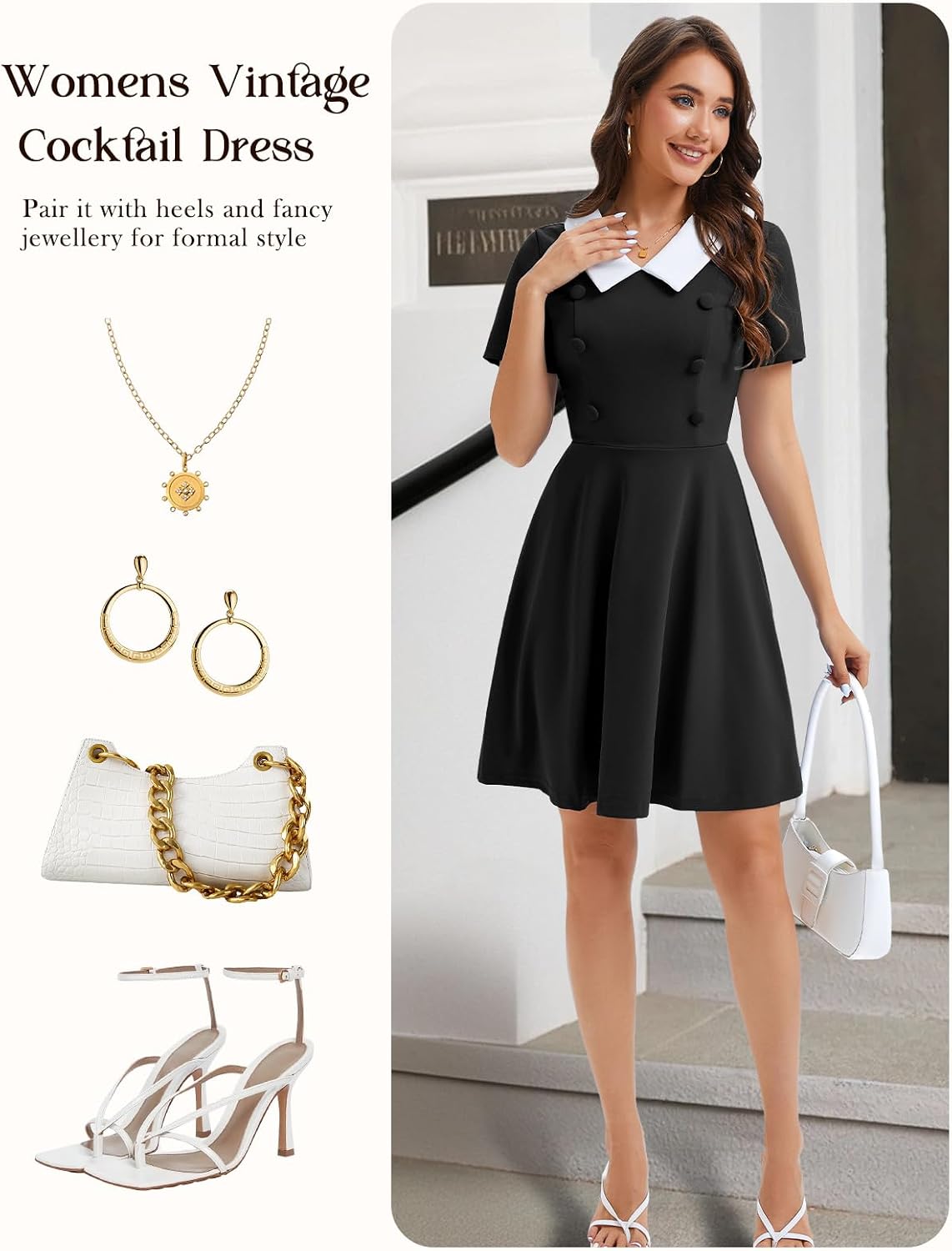 Bbonlinedress 1950s Vintage Dress for Women Retro Rockabilly Peter Pan Collar Short Sleeve Cocktail Party A Line Dresses