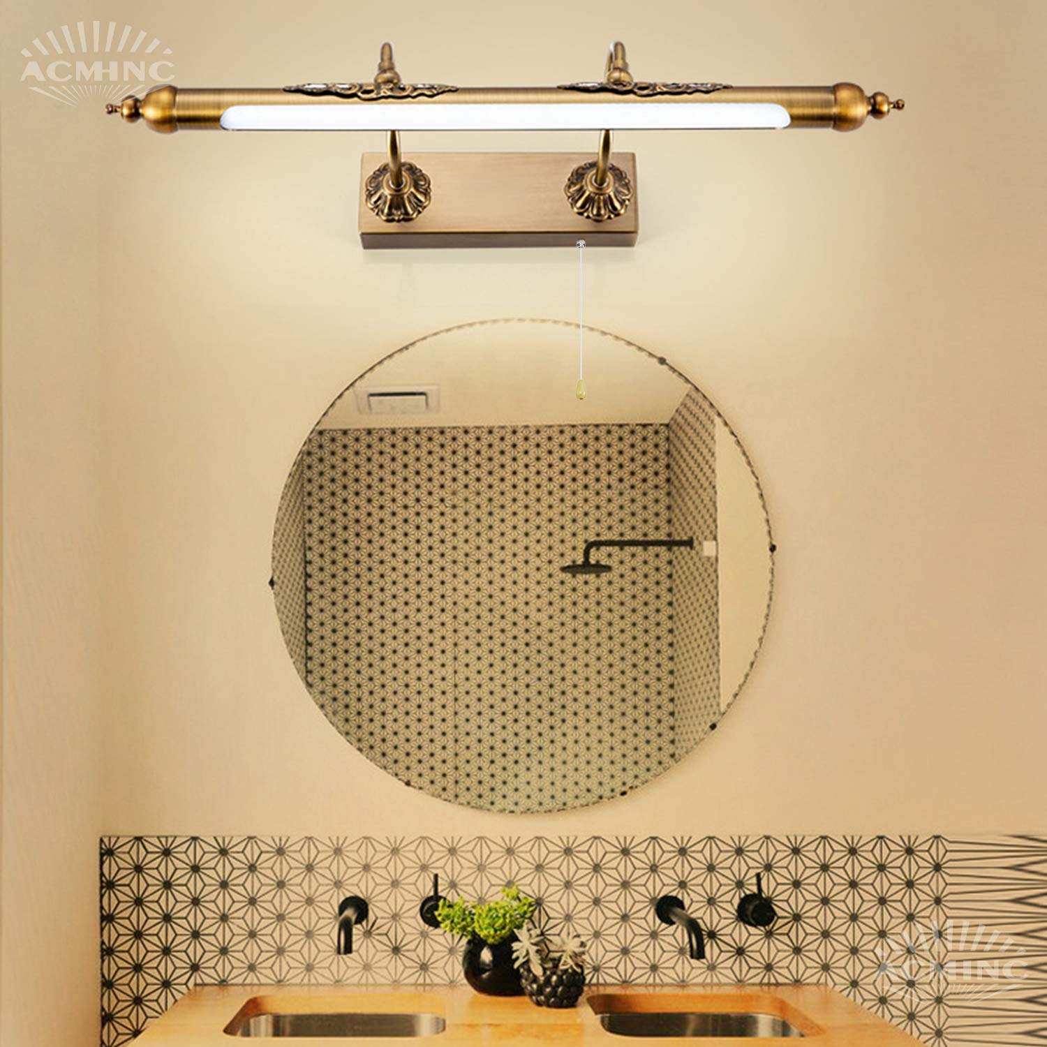 ACMHNC Vintage Spiegelleuchte Bad Mit Schalter, IP44 Badlampe Braune Bronze Retro Spiegellampe Badezimmer Mit Arc Arm Einstellbarer, Antike Wandleuchte Innen Aus Metall, 4000K Schminklicht,55cm/10w