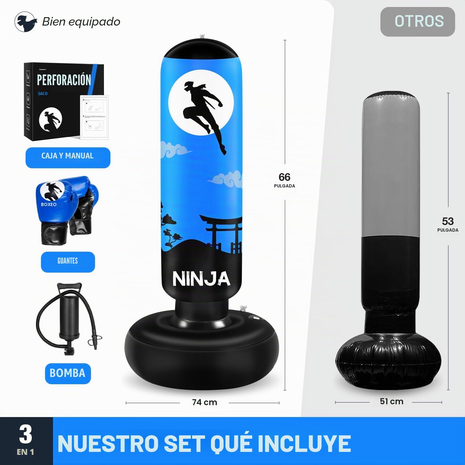 Saco de Boxeo, Bolsa de Boxeo Independiente 168cm, Incluye Guantes de Boxeo y Bombas Inflables Manuales, Saco de Boxeo para Niños de 5 a 12 años, Juego de Boxeo