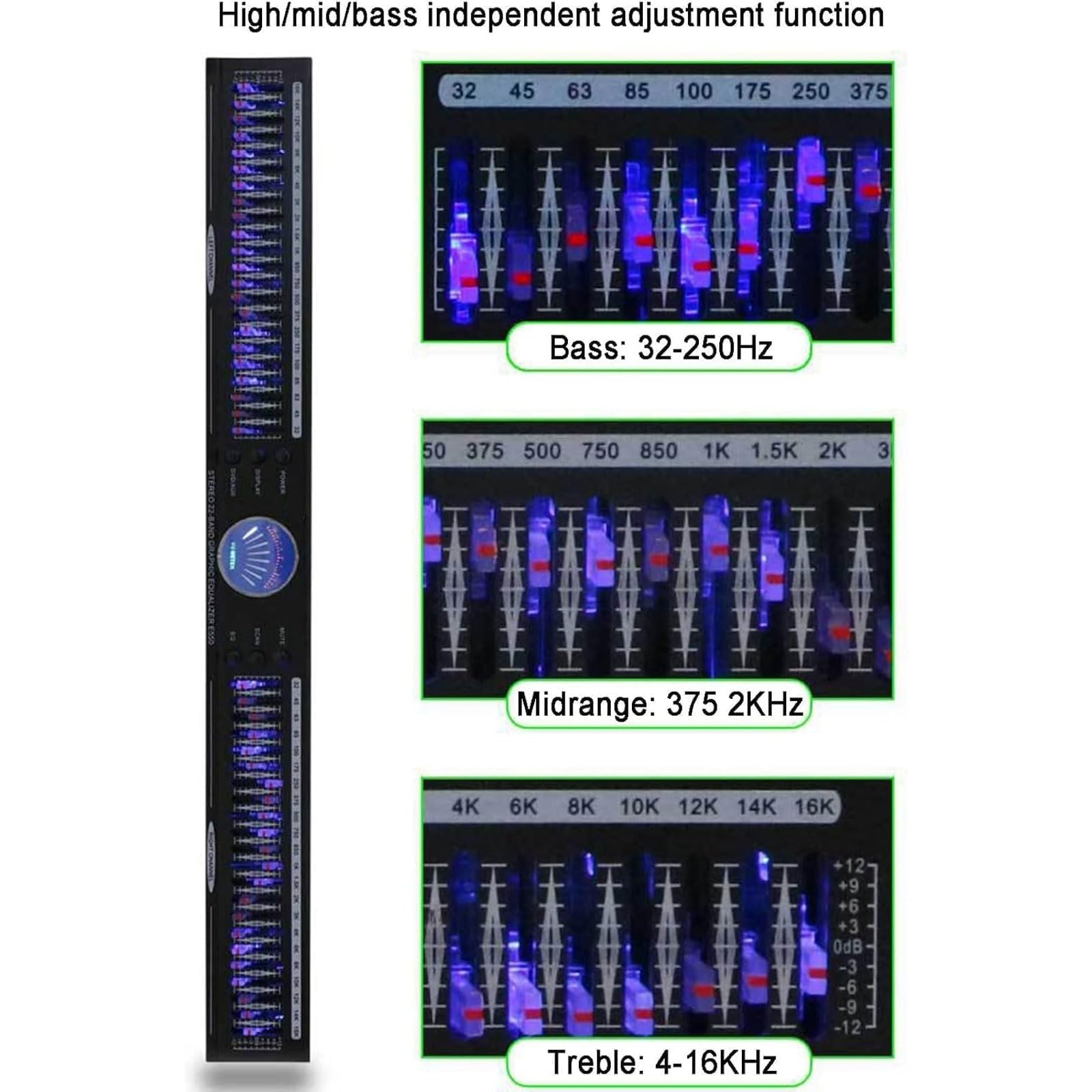 Equalizzatore grafico – Audio stereo digitale professionale con riduzione del rumore, 22 bande, 10 effetti preimpostati, analizzatore di spettro LED per auto, feste, camera da letto, casa